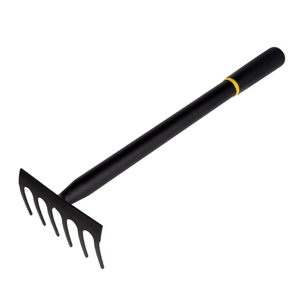 6-Tine Manganese Steel Garden Rake with Comfortable Grip - Durable Black Hand Rake & Small Tiller Tool for Weeding, Soil Aeration, and Garden Maintenance