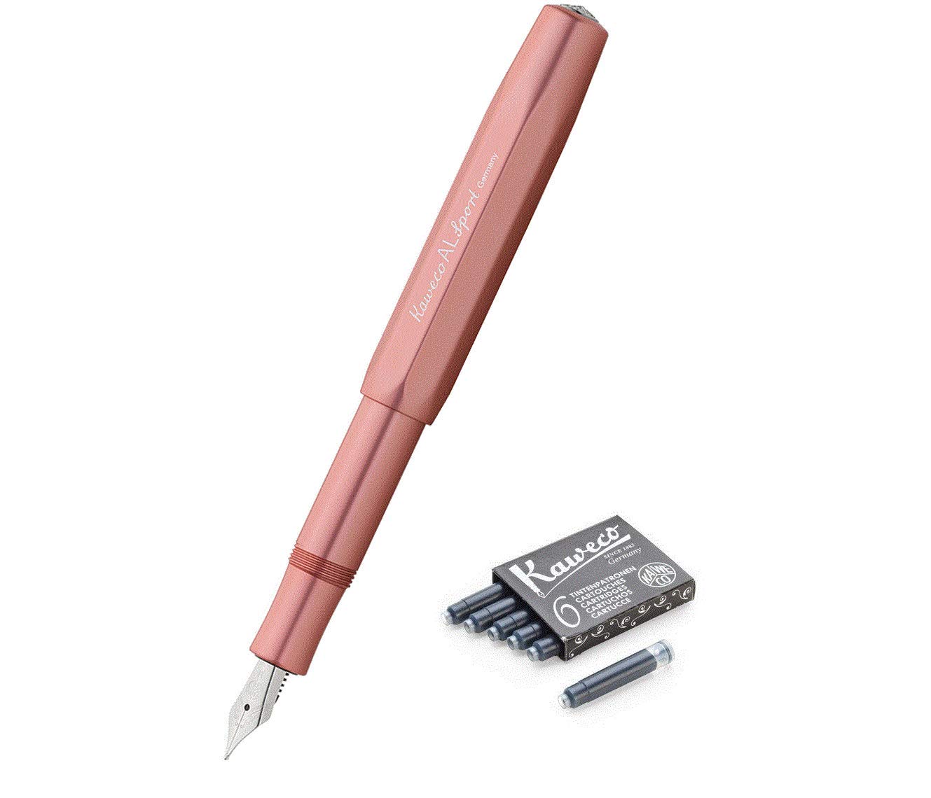 Kaweco AL Sport Fountain Pen - Fine Nib with 6 Black Ink Cartridges - Rose Gold Gift Set for Writing, Journaling & Calligraphy | Premium Aluminum Fountain Pen for Professionals & Students