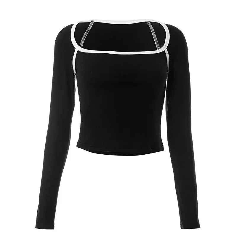 Autumn 2023 Women's Basic Square Neck Long Sleeve Fitted T-Shirt - Black Y2K 2000s Vintage Style Top (P85 BE15) | Casual Wear, Layering, Office Outfits & Street Fashion