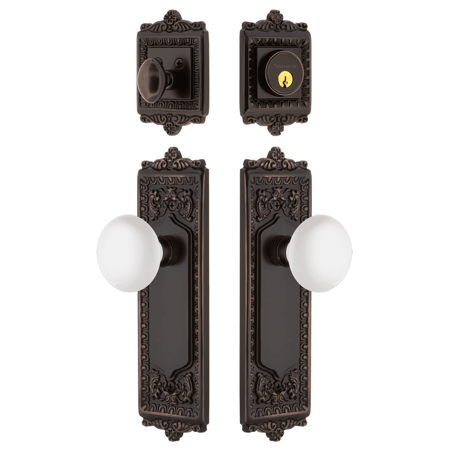 Vintage Egg & Dart Entry Door Set with White Porcelain Knob in Timeless Bronze Finish - Classic Hardware for Traditional & Colonial Style Homes