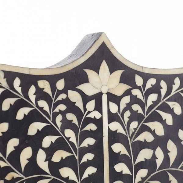 Handmade Bone Inlay Mehrab Bed Headboard - Black Floral Pattern Queen Size for Master Bedroom Decor | Elegant Boho Chic Bedroom Furniture with Carved Details