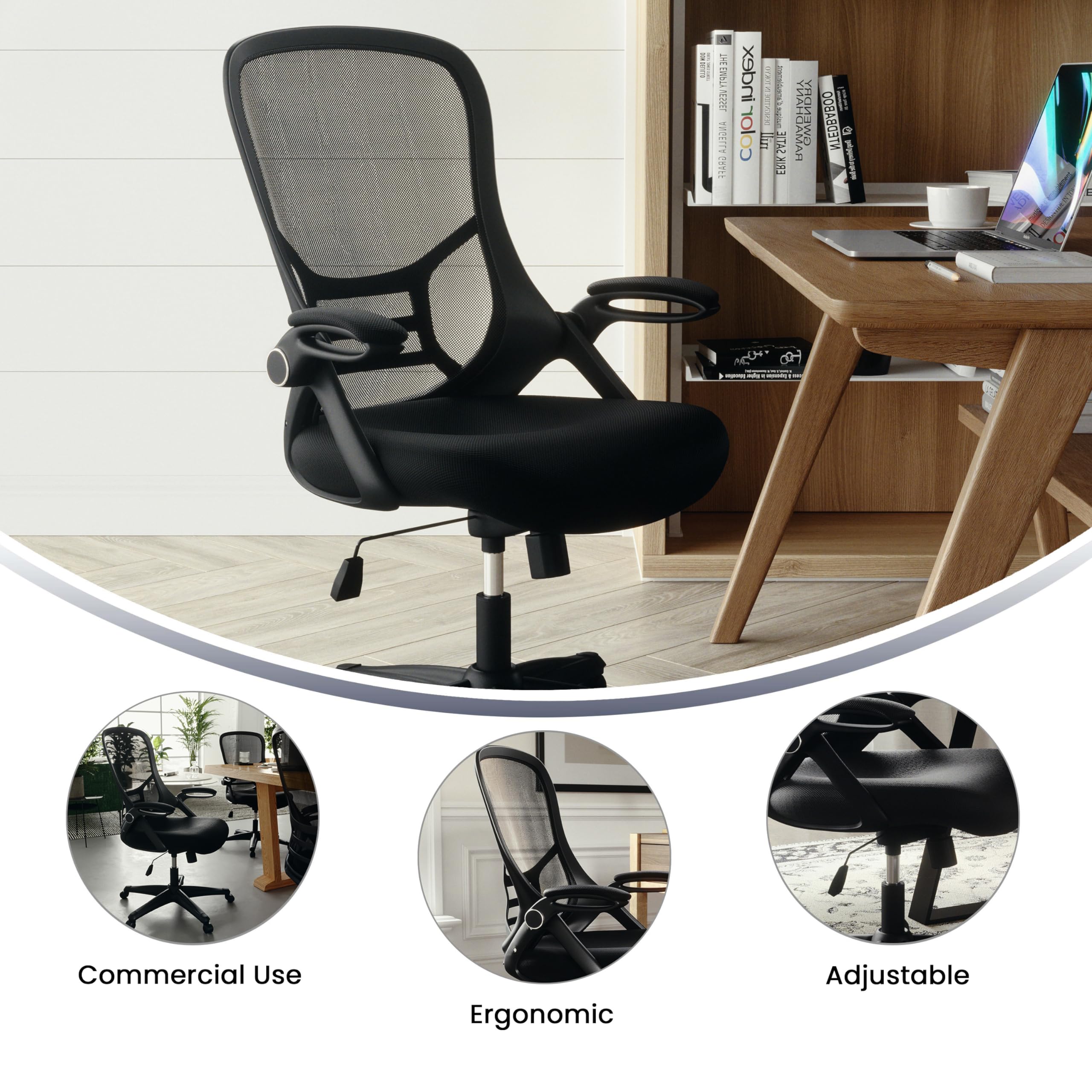 Ergonomic High Back Mesh Office Chair with Flip-Up Arms - Black Swivel Task Chair for Home & Office Workspace - Adjustable Comfort for Long Hours of Sitting
