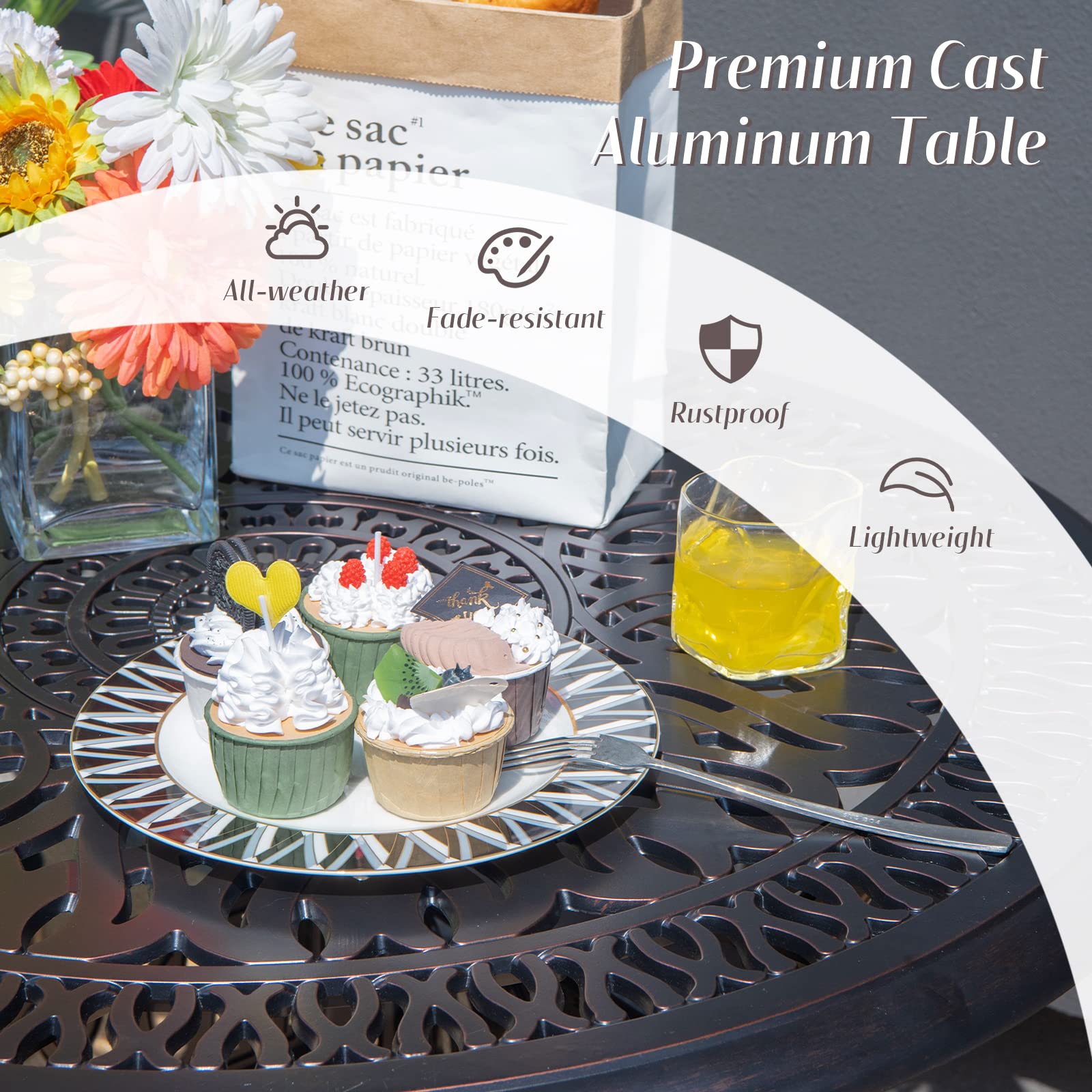 Tangkula 36 Inch Round Outdoor Dining Table - Weather-Resistant Cast Aluminum Patio Table with Umbrella Hole for Backyard, Garden, Poolside - Perfect for Outdoor Entertaining & Dining Al Fresco