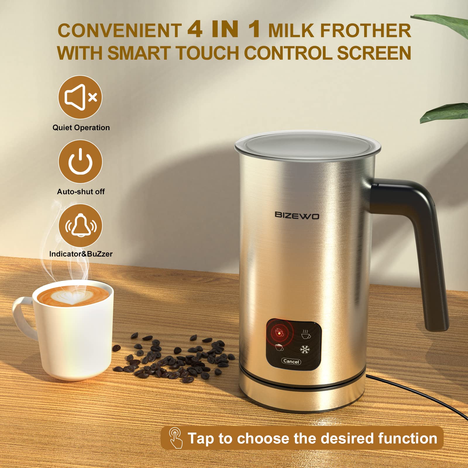BIZEWO 4-in-1 Electric Milk Frother with Touch Screen - Warm & Cold Milk Steamer for Coffee, Latte, Cappuccino - Stainless Steel Automatic Milk Warmer - Perfect for Home, Office & Coffee Shops (Hot Chocolate, Macchiato)