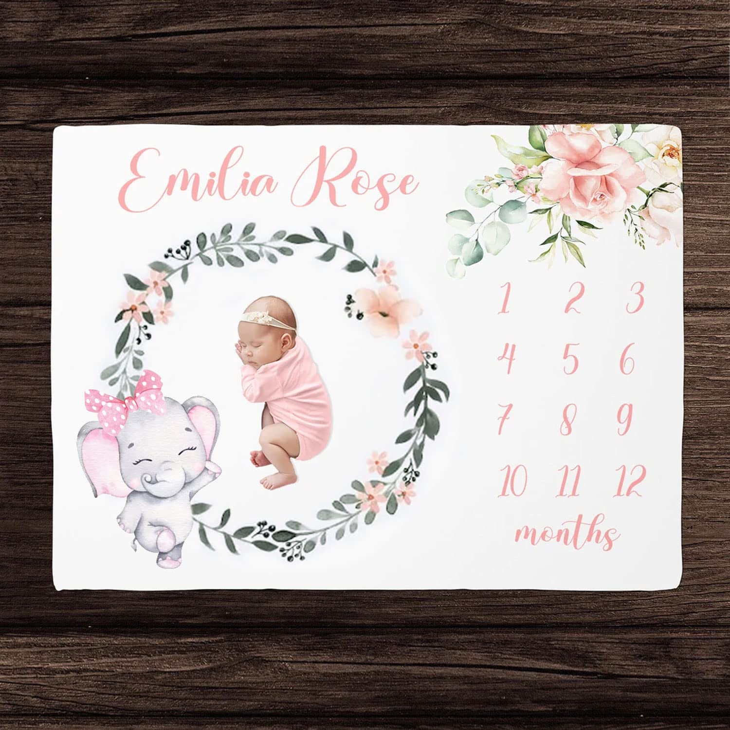 IZI POD Floral Milestone Elephant Baby Blanket for Girls - Vintage Personalized Newborn Blanket with Elephant Design - Perfect Baby Shower Gift & Photo Prop for Monthly Milestones