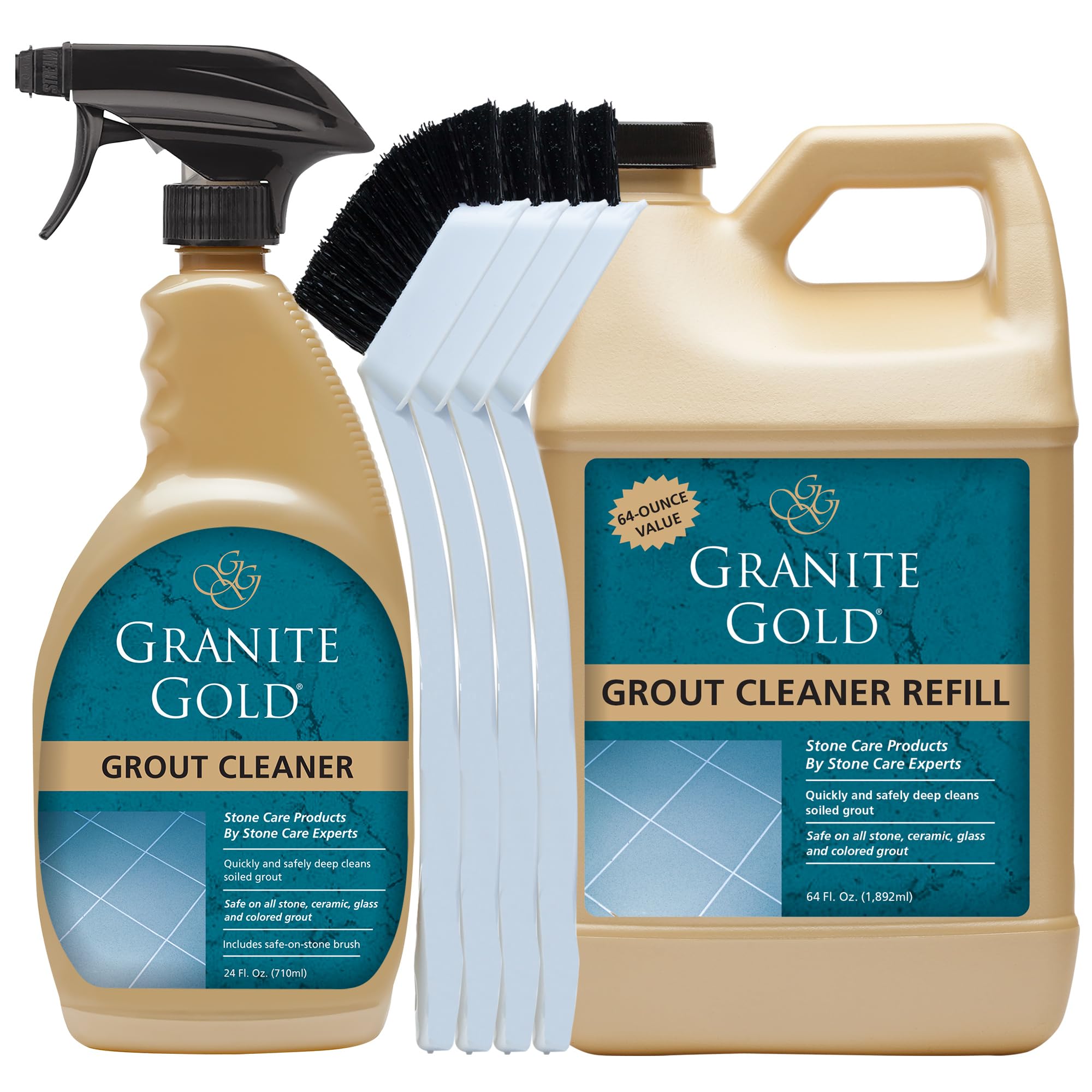 Granite Gold Grout Cleaner Spray with Brush - 64oz + 24oz + 4 Brushes - Deep Cleans Stone, Ceramic, Glass & Colored Grout - Perfect for Bathroom Tiles, Kitchen Backsplash & Shower Cleaning
