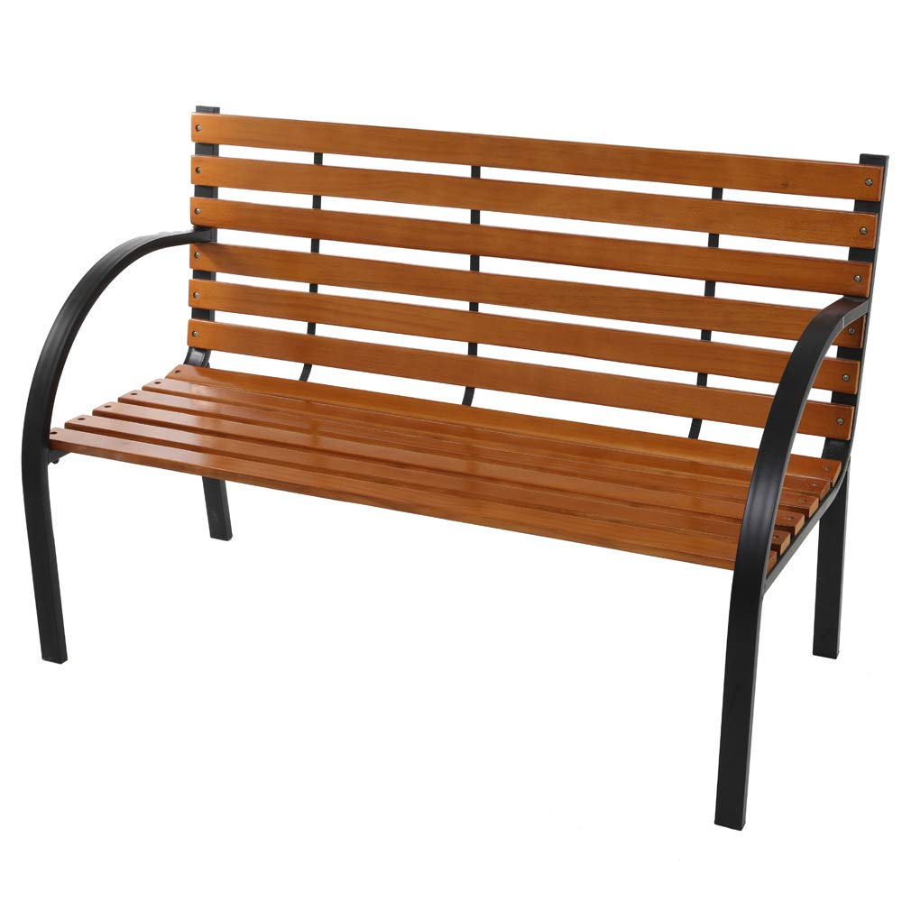 48 Inch Hardwood Slotted Steel Cast Iron Frame Outdoor Garden Bench - Durable Park Seat for Terrace, Courtyard, Porch, Deck & Garden - Perfect for Relaxing, Entertaining & Outdoor Decor