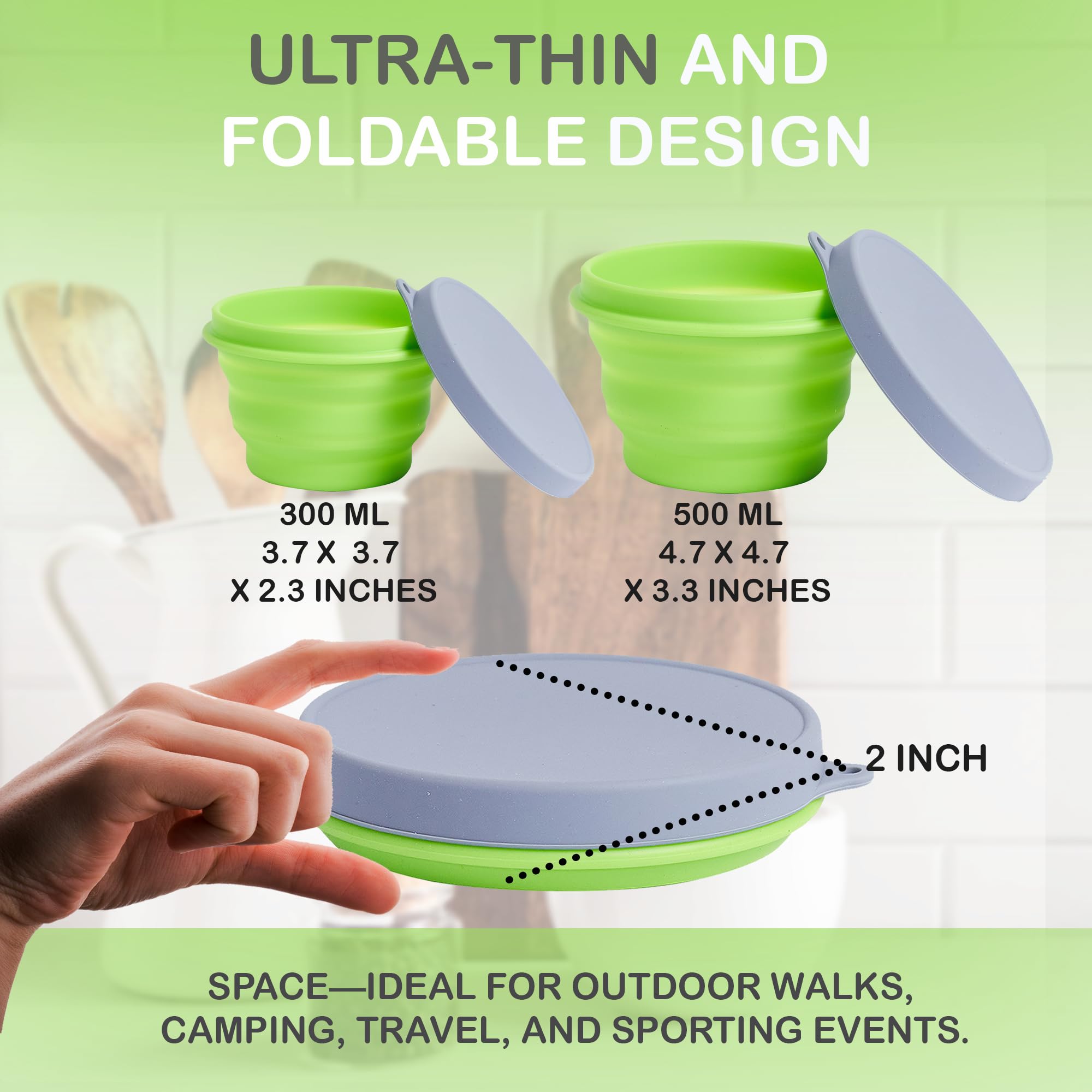 Collapsible Silicone Mixing Bowl - BPA-Free, Microwave & Dishwasher Safe, Non-Stick & Easy Clean Foldable Food Storage Container for Travel, Camping, Hiking - Perfect for Meal Prep, Picnics & Outdoor Cooking - 300ml, Green