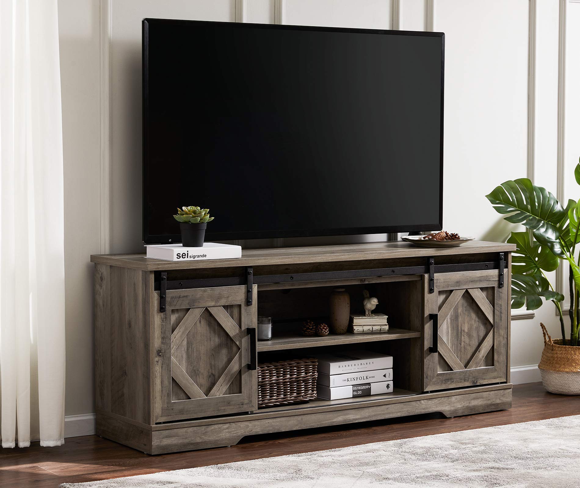 WAMPAT 65 Inch Farmhouse Sliding Barn Door TV Stand with Adjustable Shelves - Modern Wood Media Console Cabinet for Living Room, Bedroom - Wash Grey Finish - Perfect for Home Entertainment & Storage
