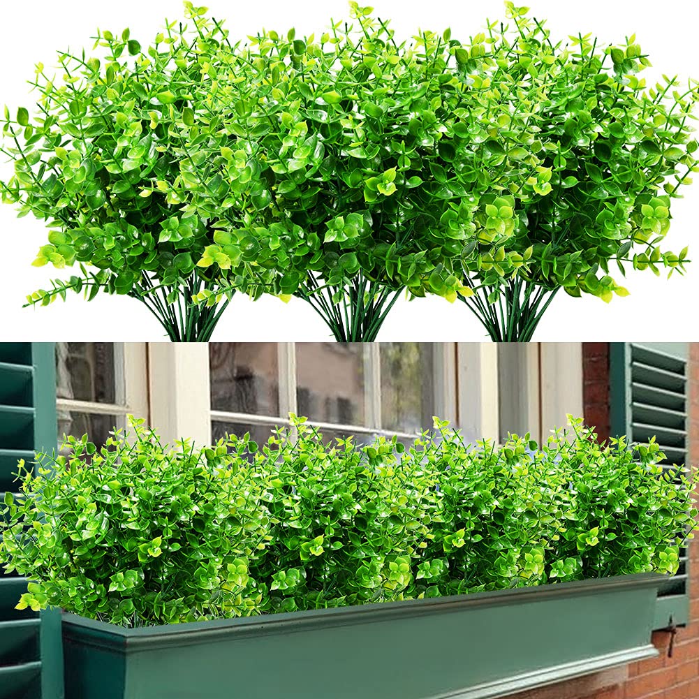 GETYARD 24 Pack UV Resistant Artificial Boxwood Stems - Realistic Fake Greenery Plants for Outdoor Garden, Patio, Porch, Window Box - Perfect for Home Decor, Wedding Centerpieces & Party Decorations (Green)