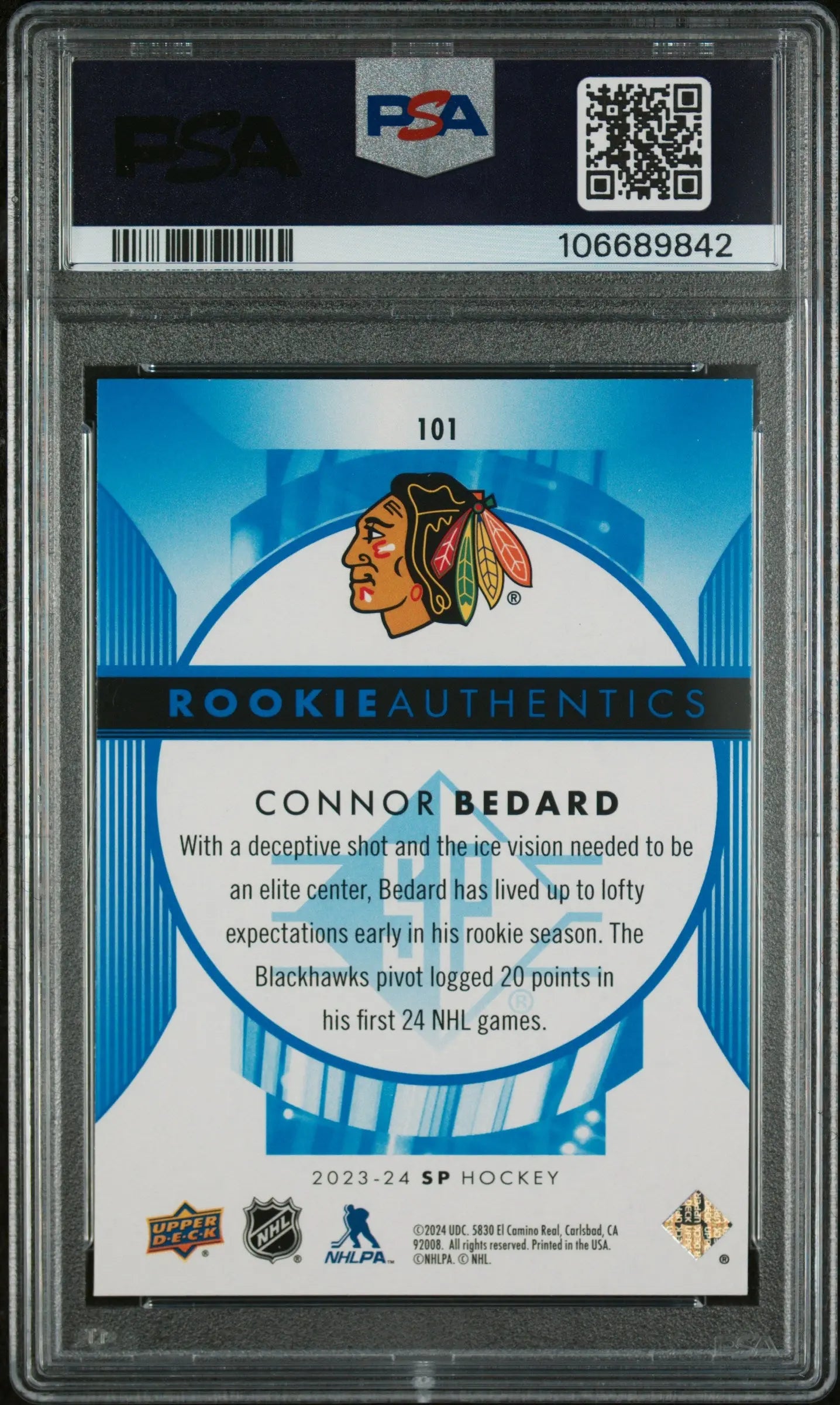 2023 Upper Deck SP Connor Bedard RC Rookie Authentics Blue PSA 9 Mint Condition - Hockey Trading Card for Collectors & Fans - Perfect for Display, Investment & Memorabilia Collections