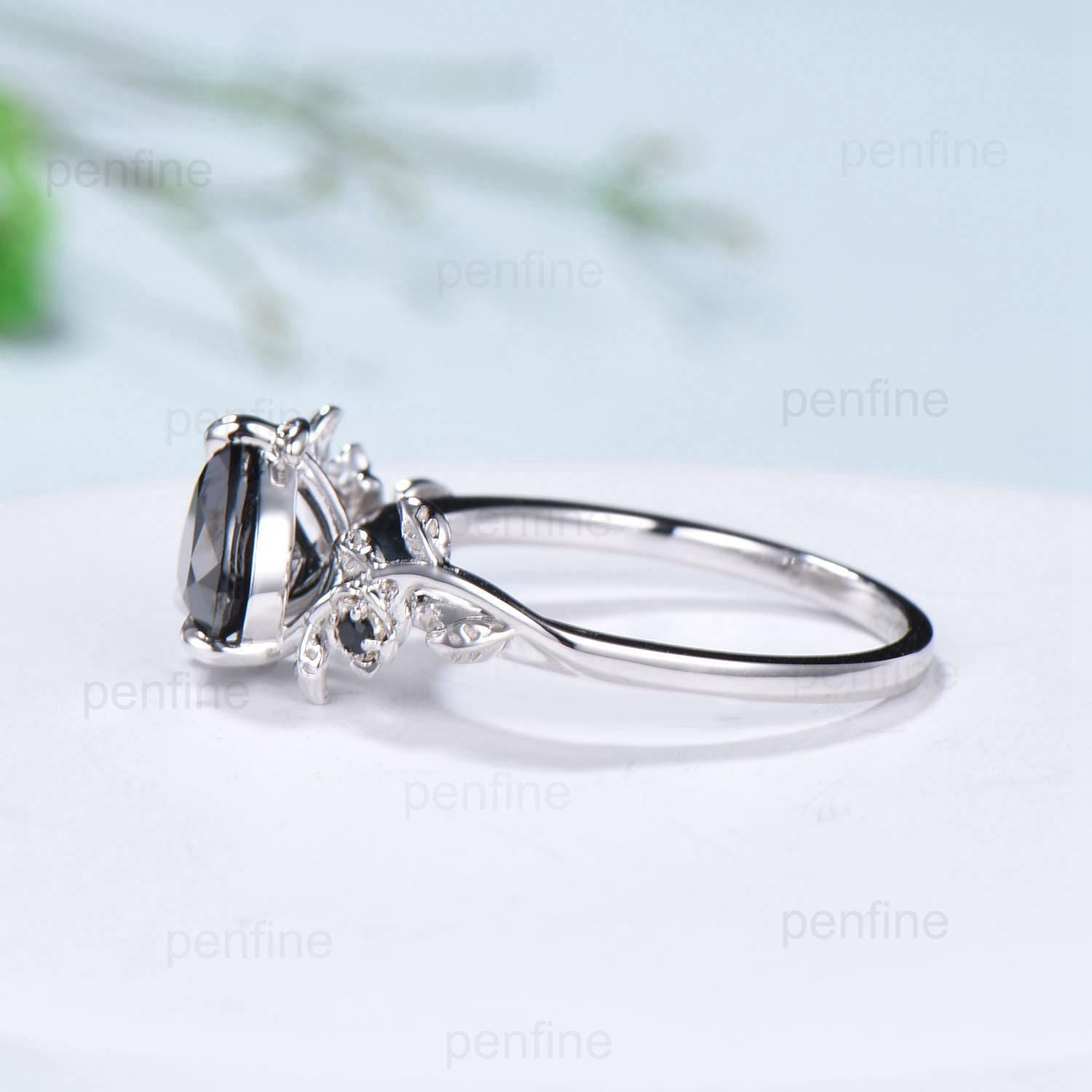 Leaf Twig Heart Shaped Black Moissanite Ring - Floral Nature Inspired Engagement Ring - Unique Branch Wedding Anniversary Gift for Women - Perfect for Romantic Proposals, Anniversaries & Special Occasions