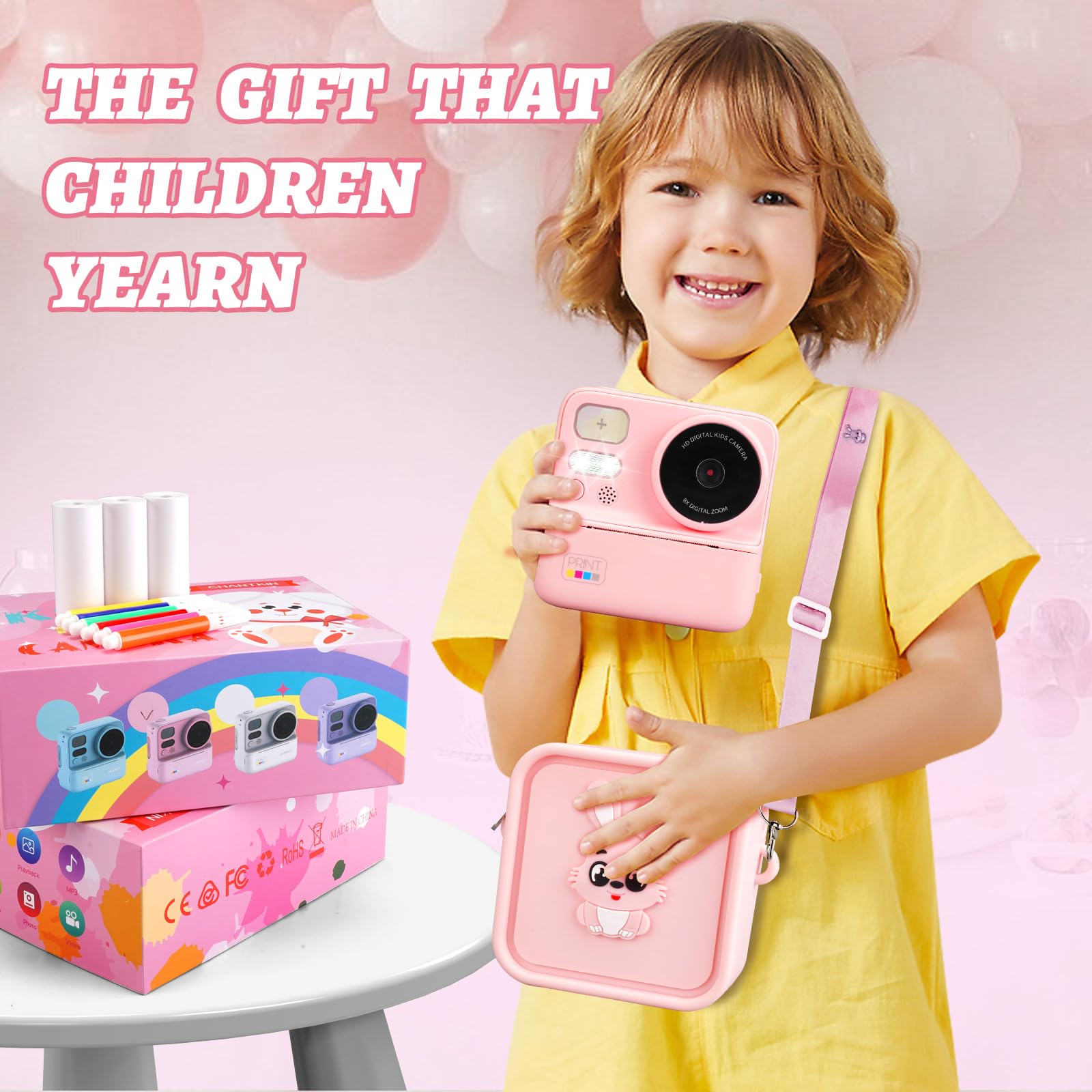Instant Print Kids Camera with Silicone Cover - Dual Lens Digital Camera Toy for Boys & Girls Ages 3-12 | Perfect Birthday Gift for Toddlers, Travel & Family Fun (Pink)