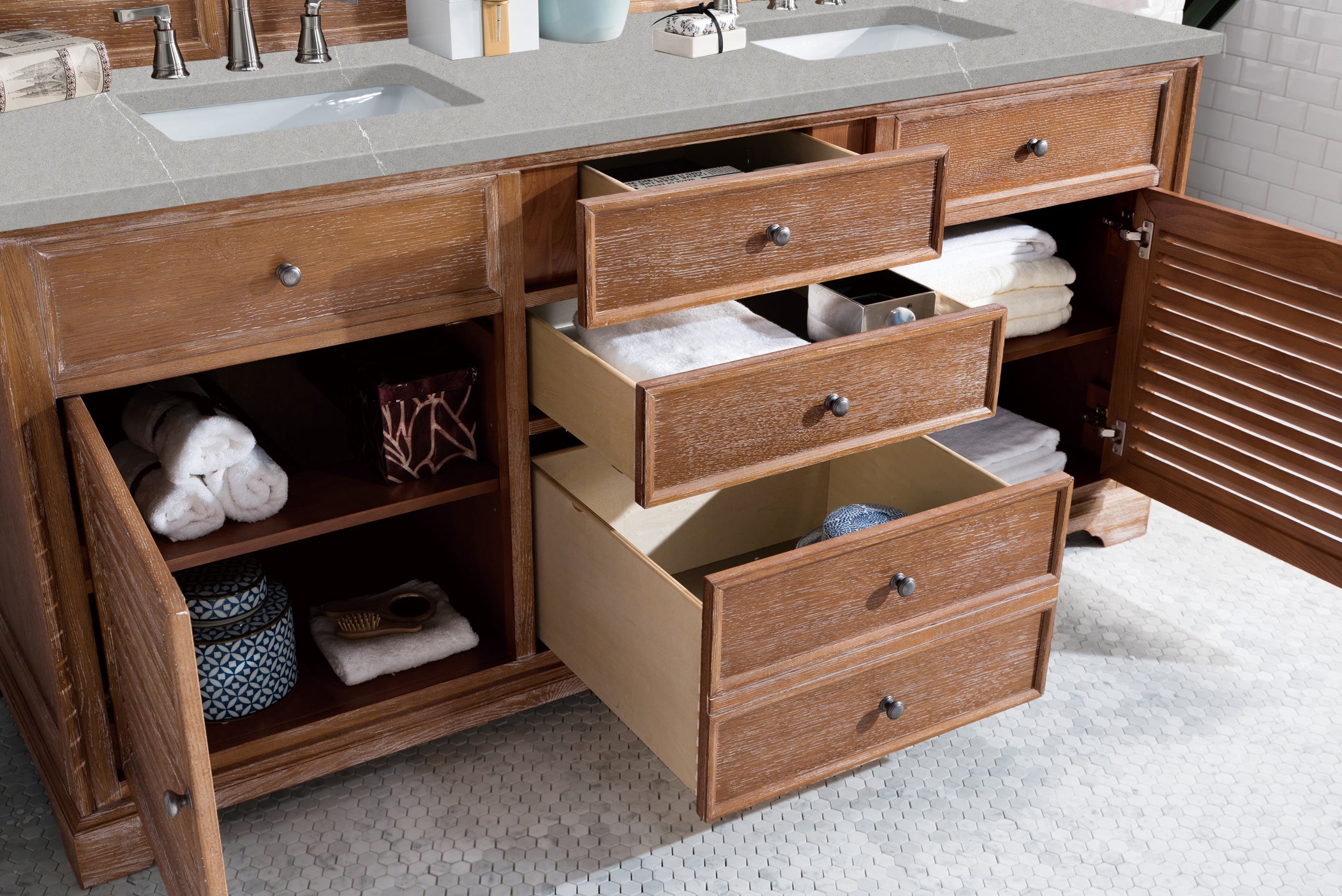 Savannah 72 Inch Double Vanity Cabinet in Driftwood Finish with 3CM Eternal Serena Quartz Countertop - Perfect for Master Bathroom Renovation & Modern Home Decor