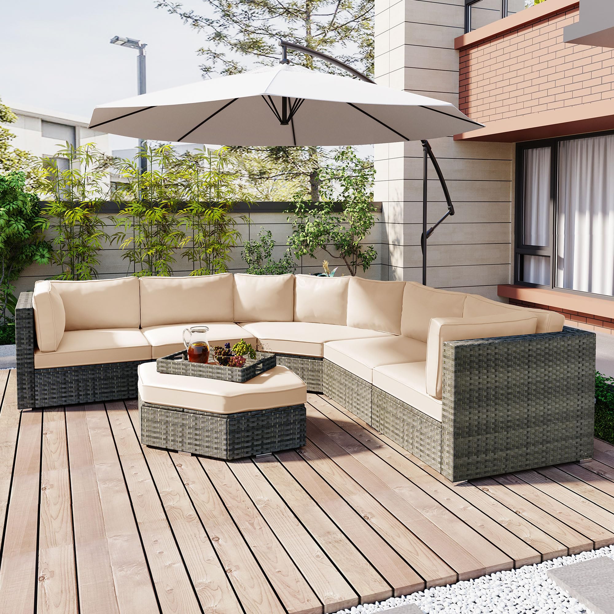 Harper & Bright Designs 6-Piece All-Weather Outdoor Patio Furniture Set - Rattan Wicker Sectional Sofa with Ottoman, Cushions & Trays in Beige - Perfect for Backyard, Garden, Poolside & Terrace Relaxation