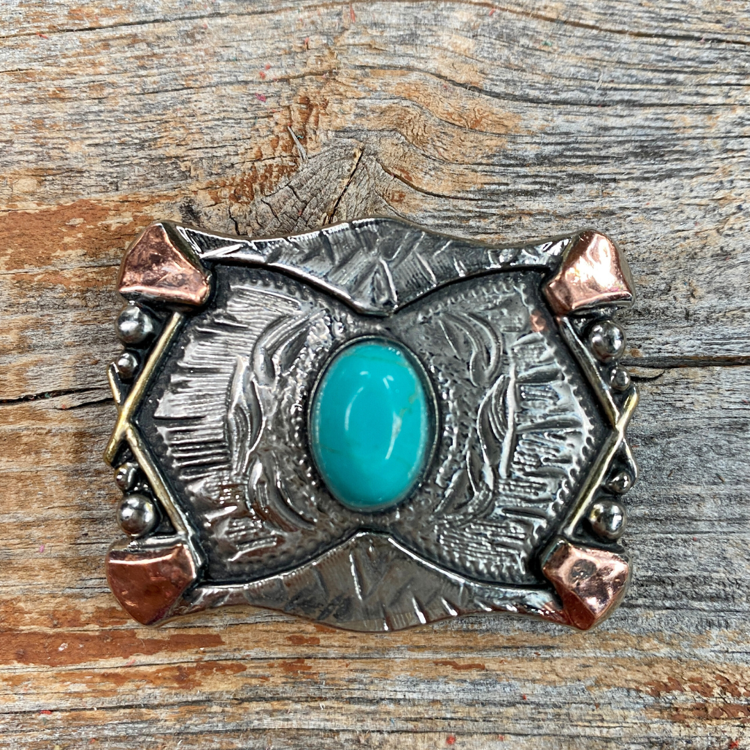 Vintage Silver & Copper Turquoise Concho Belt Buckle W115 - Handcrafted Western Jewelry for Cowboy Boots & Leather Accessories