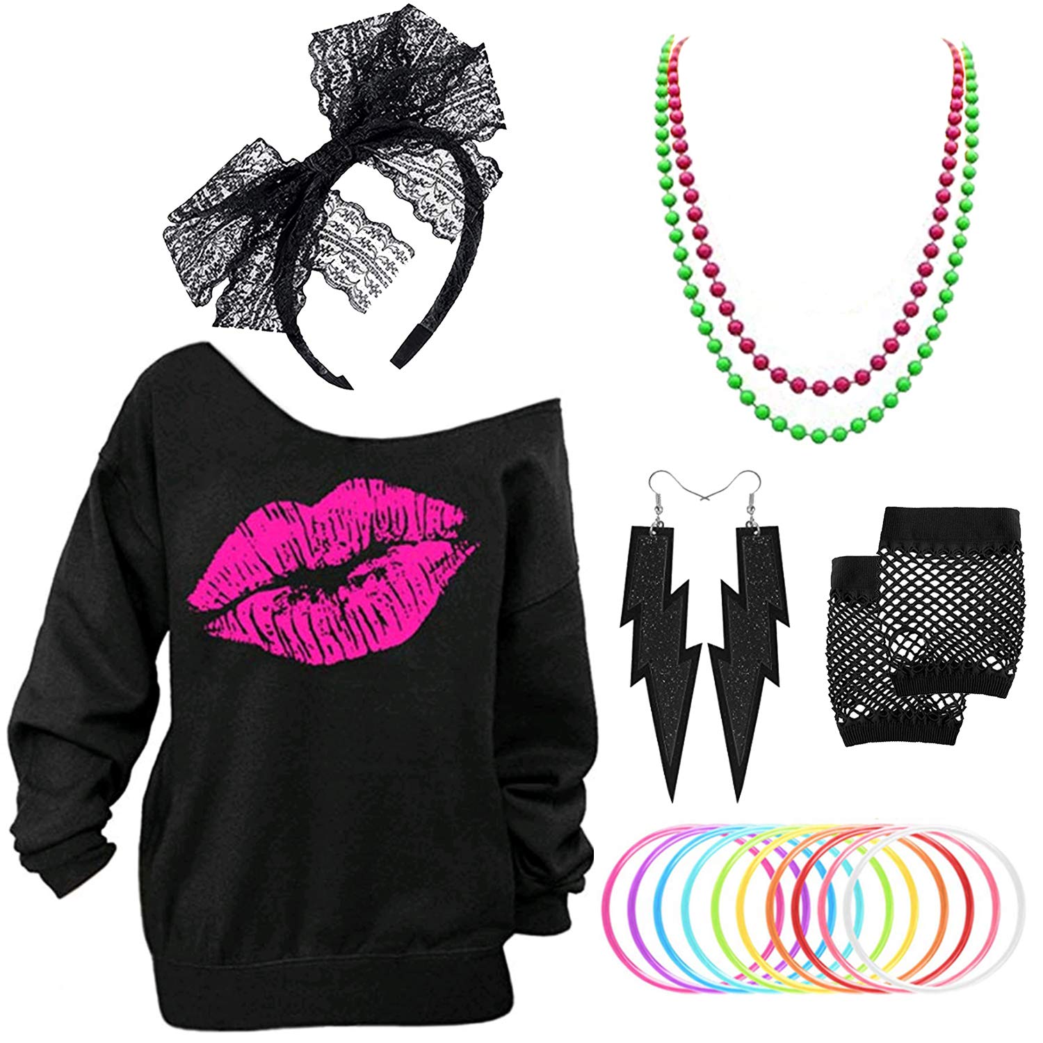Vintage 1980s Pink Lips Print Off Shoulder Sweatshirt for Women - Retro 80s Costume Outfit & Accessories - Perfect for Halloween, Theme Parties, and 80s Fashion Revival
