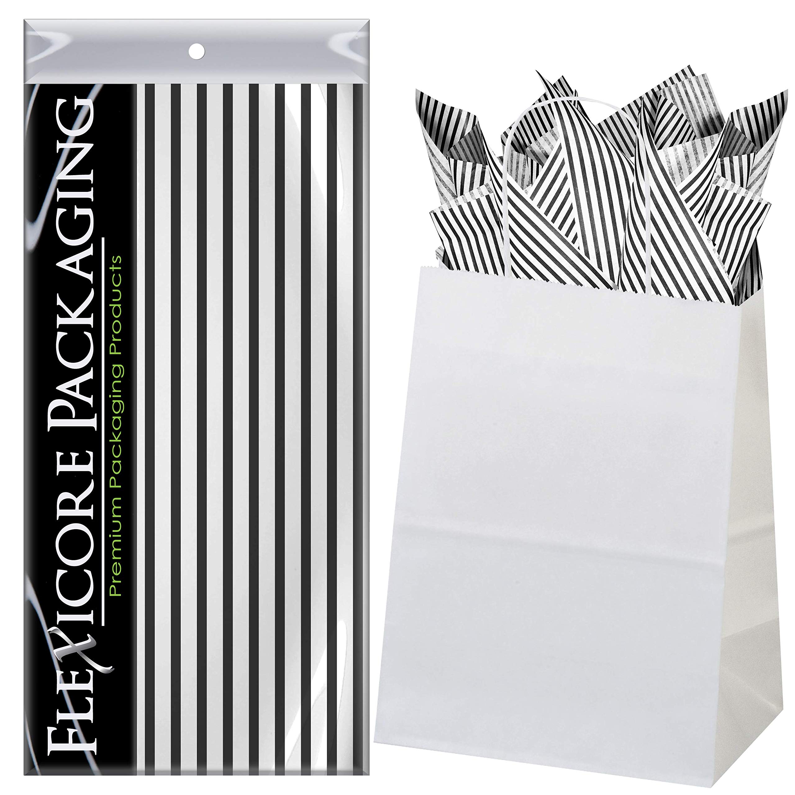 Premium White Kraft Paper Gift Bags with Black Pin Stripe - 8x4.75x10.5 Inches - Set of 5 - Eco-Friendly Gift Wrapping & Party Favor Bags for Birthdays, Weddings, Baby Showers & Holidays