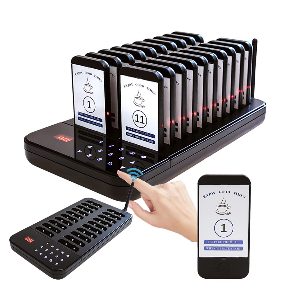 JXKJBGRN Restaurant Pager System - 998 Channels Wireless Calling Keypad with 20 Pagers, 3 Alert Modes (Beep/Flash/Vibration), 1-999S Adjustable Range, 500m Coverage - Ideal for Restaurants, Bars, Hotels, Cafes & Food Courts - Improve Customer Service & Reduce Wait Times