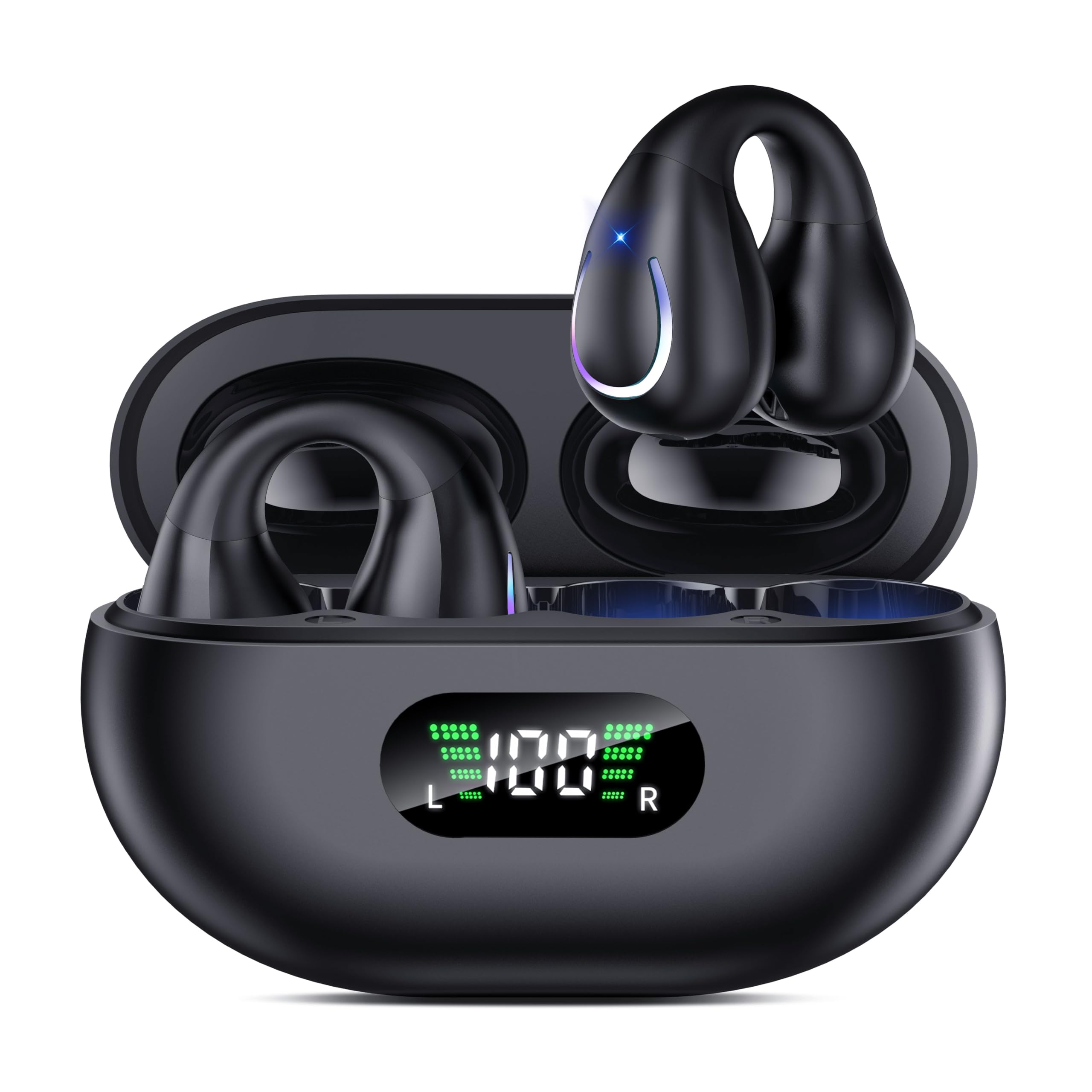 Open Ear Clip Wireless Earbuds Bluetooth 5.3 - Sports Earphones with Built-in Mic, Secure Earhooks & Wireless Charging Case (IPX5 Waterproof) - Perfect for Running, Gym Workouts & Outdoor Activities