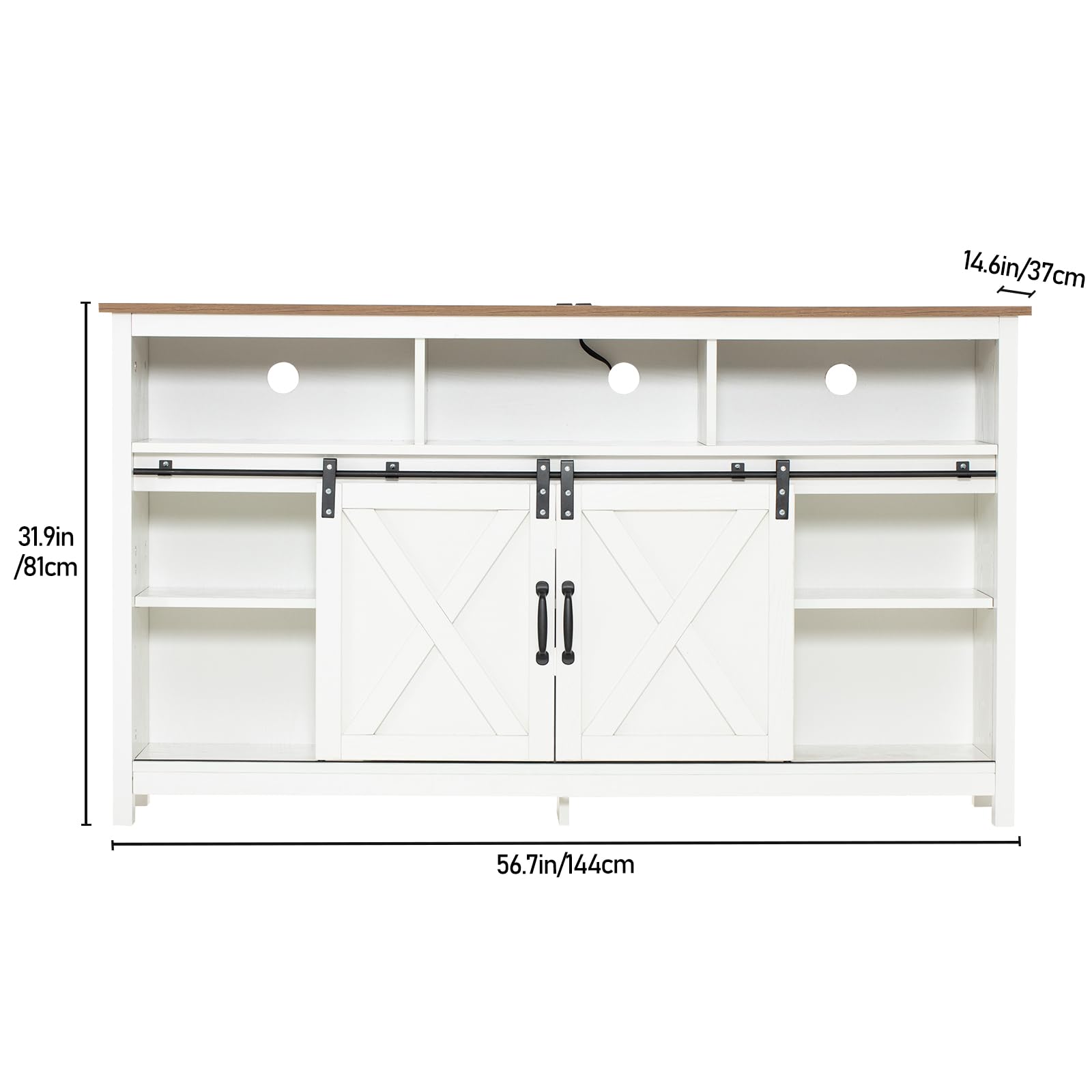 Rustic Farmhouse Coffee Bar Cabinet with Power Outlet - Wooden Sideboard Buffet Storage Cabinet with Shelves - White Kitchen & Dining Room Serving Table Cupboard for Coffee Station, Living Room Decor