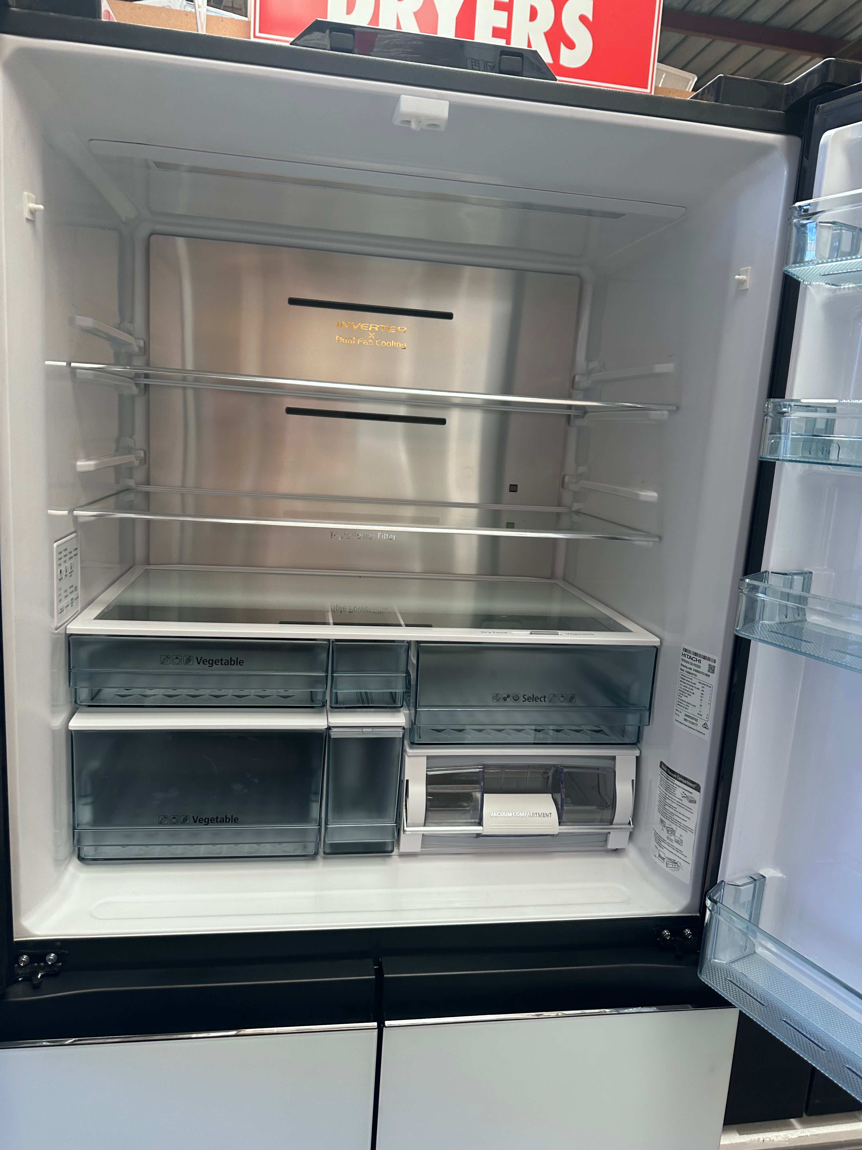 Hitachi 638L Refrigerator with Non-Plumbed Ice Maker - Glass Matte White [Factory Second] | Large Capacity Fridge for Home, Kitchen & Office Use