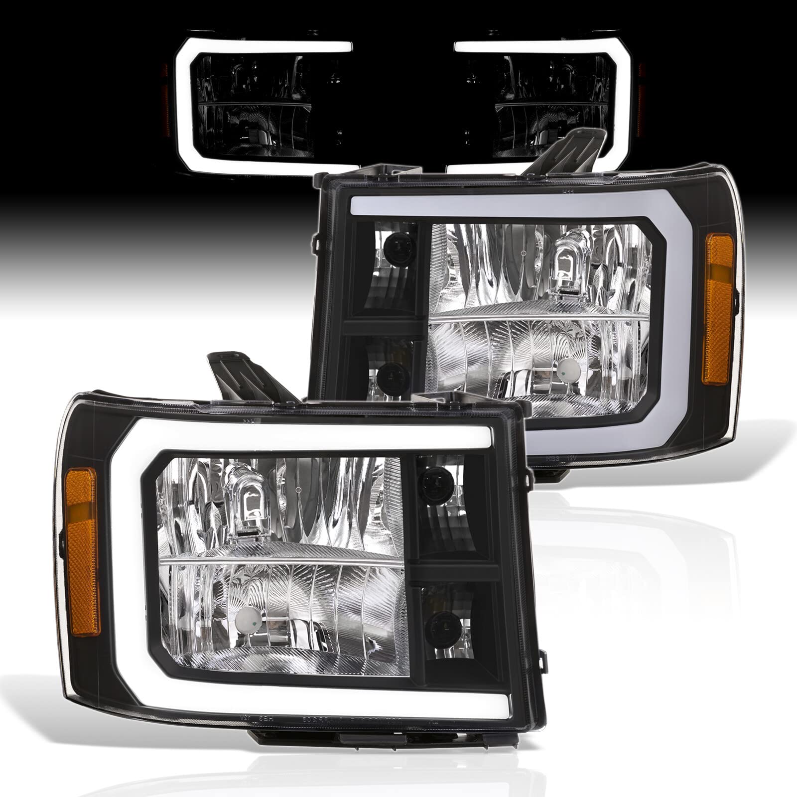LED DRL Headlights for GMC Sierra 2007-2014 - Black Housing, Amber Reflectors - Upgrade Your Truck Lighting