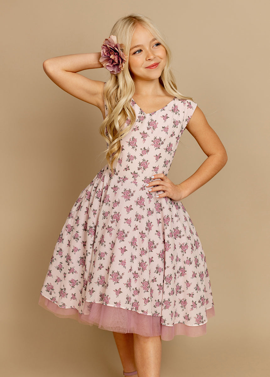 Lezah Women's Lilac Ditsy Floral Petticoat Dress - Vintage A-Line Tea Dress with Flowy Skirt for Wedding, Party & Special Occasions