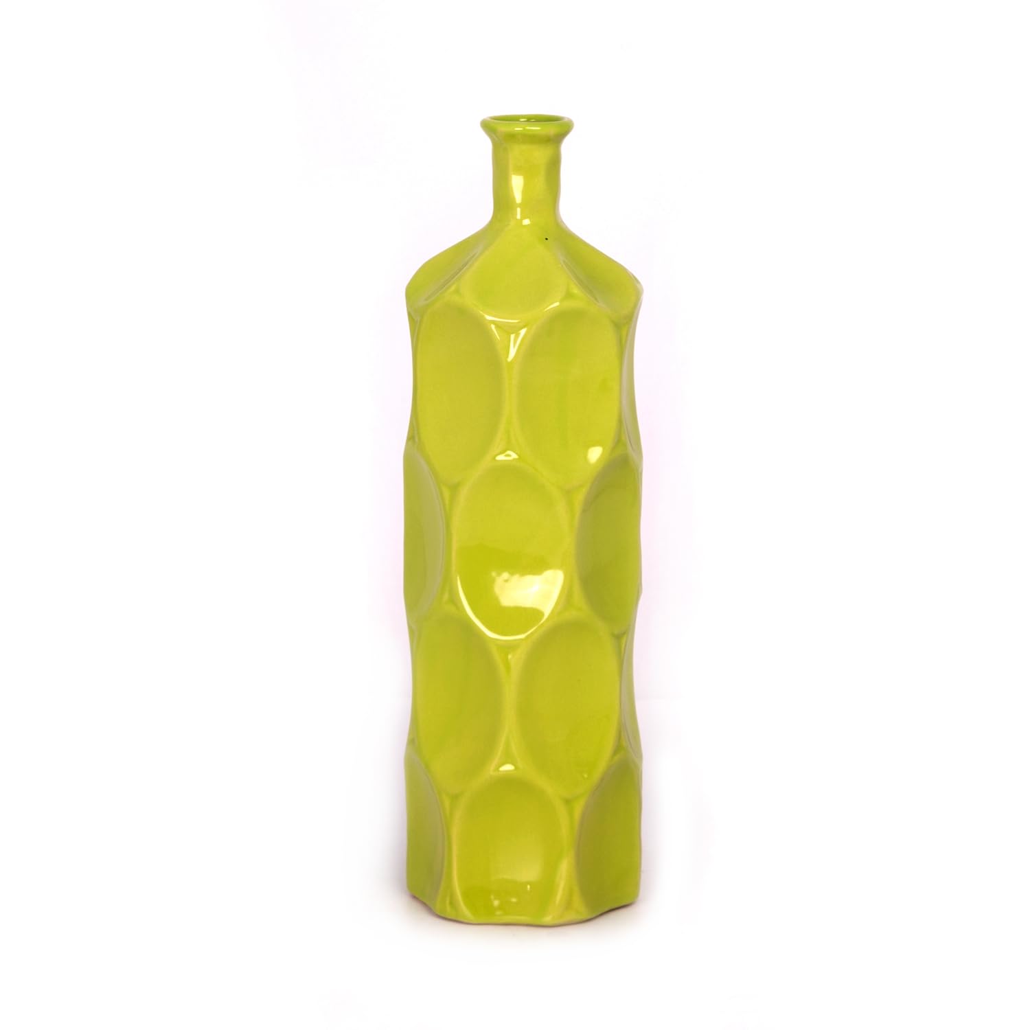Handmade Ceramic Round Bottle Vase with Dimpled Sides - Small Glossy Green Home Decor for Centerpieces, Wedding Decor & Living Room Accents