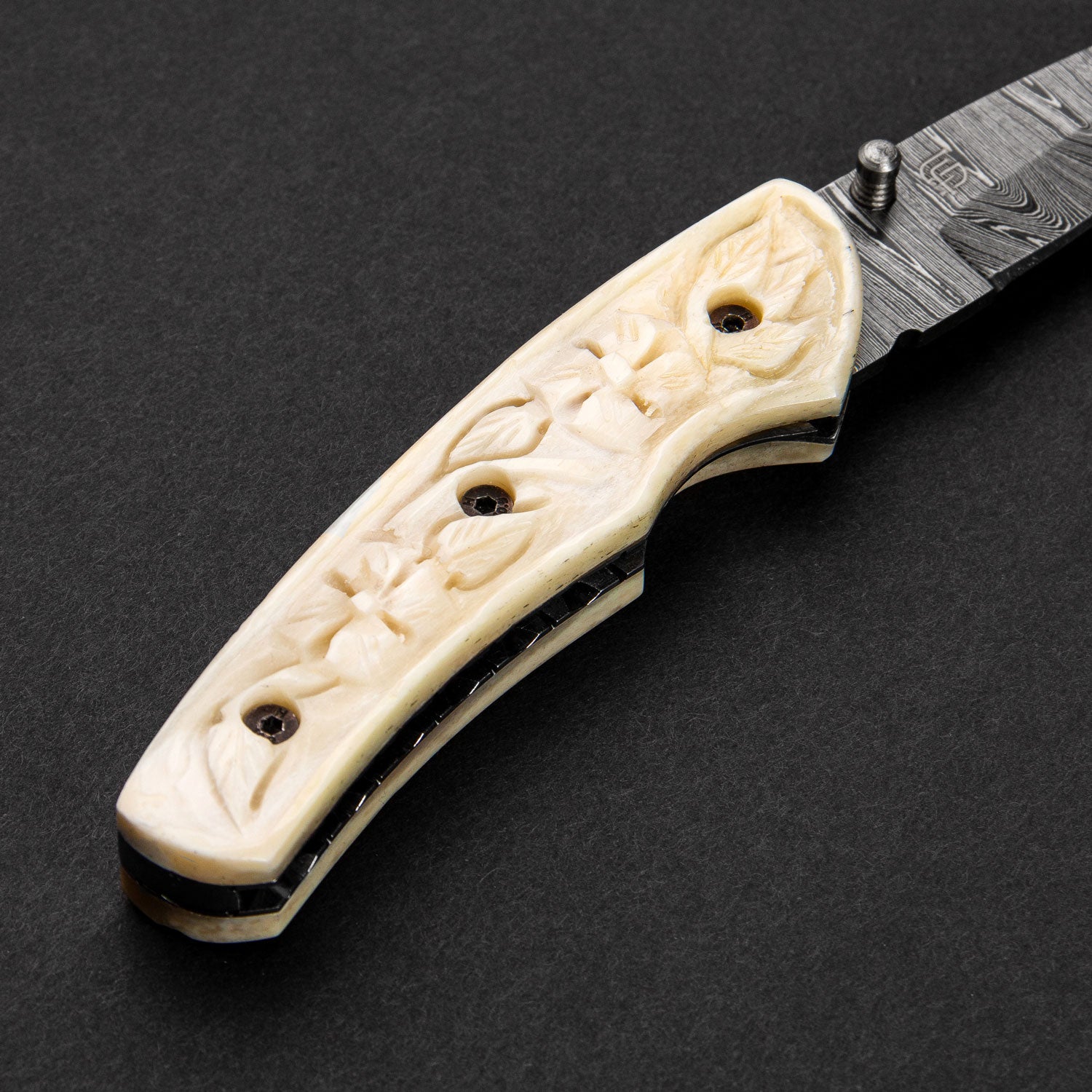 Premium Damascus Steel Folding Knife with Exquisite Carved Bone Handle - Compact EDC Pocket Knife for Camping, Hunting & Outdoor Adventures