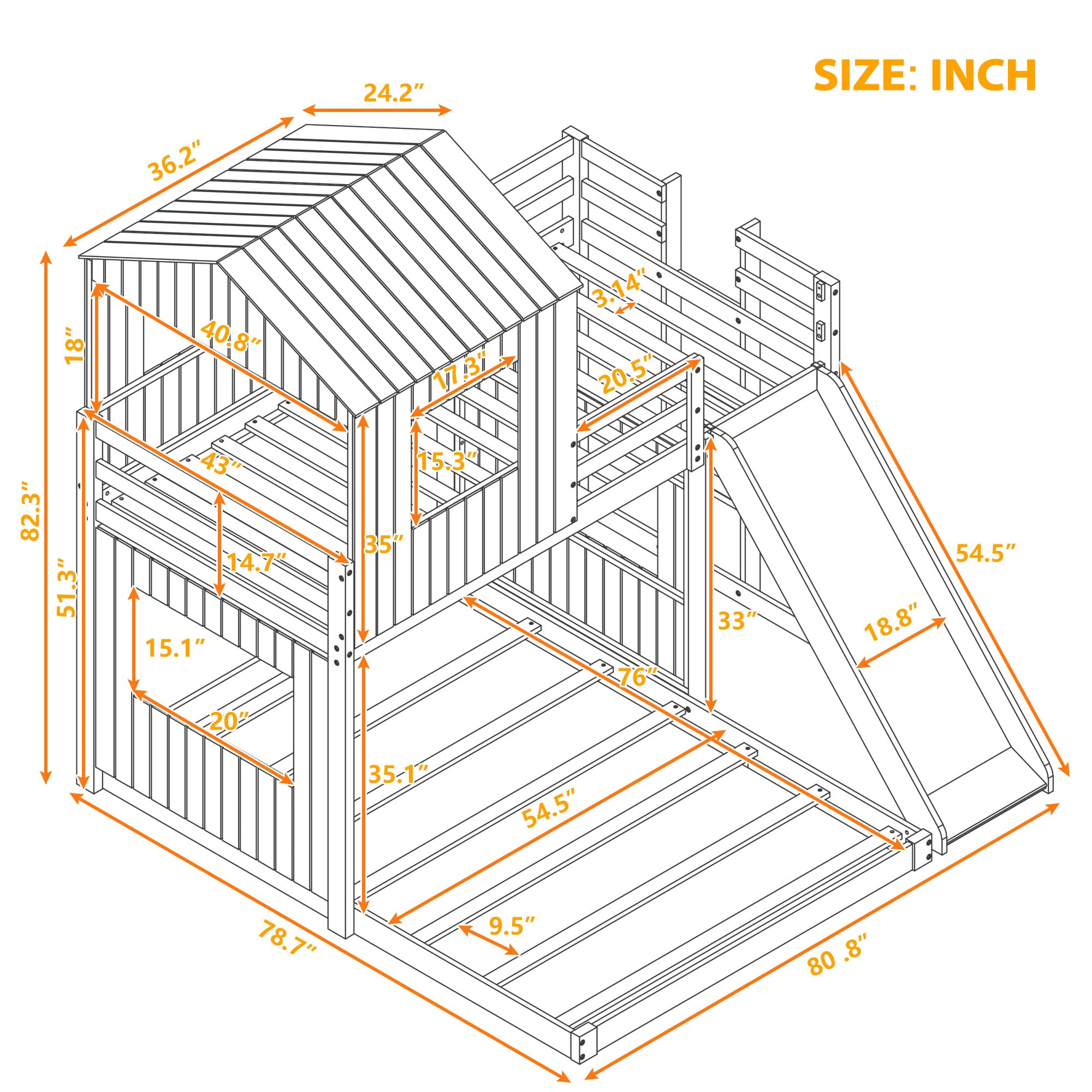 Twin Over Full Bunk Bed with Slide - House-Shaped Kids Bunk Bed Frame with Safety Guardrails & Ladder for Boys & Girls - Space-Saving Bedroom Furniture for Small Rooms, Kids' Dorm or Vacation Homes (Gray)