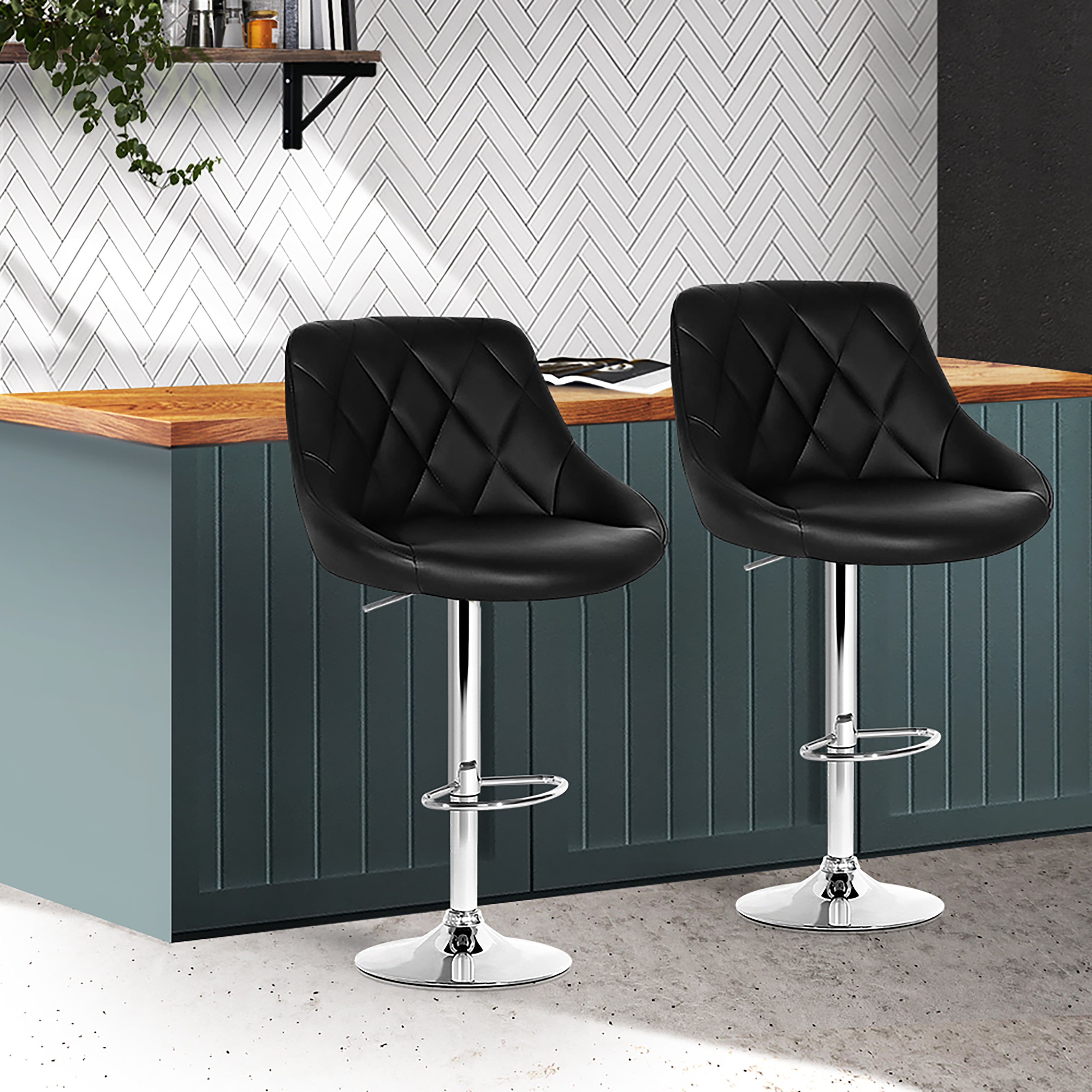 2 Pack Black Leather Bar Stools with Padded Seats and Gas Lift Mechanism - Perfect for Kitchen Islands, Home Bars, and Counter Height Dining