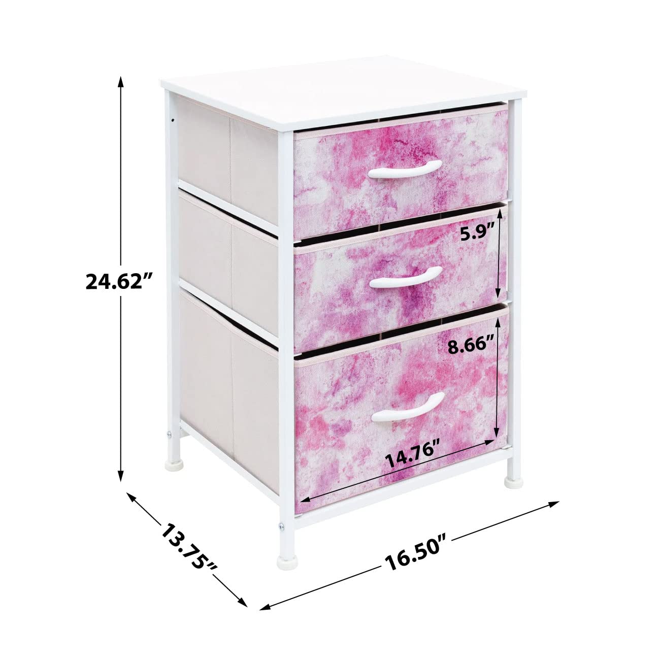 Sorbus 3-Drawer Nightstand Organizer for Kids - Wood Top & Steel Frame Storage Chest with Tie-Dye Fabric Bins | Bedroom Furniture for Clothes & Closet Organization (Pink) | Perfect for Boys & Girls Rooms, Dorm Storage, and Small Space Organization
