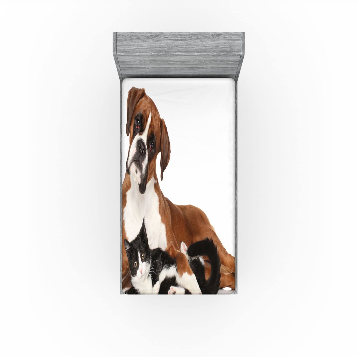 Ambesonne Animal Fitted Sheet - Cat & Dog Design, Twin XL, Brown/Black/White for Cozy Bedroom Decor