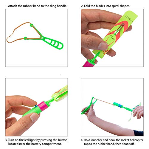 BAIVYLE LED Helicopter Toys for Kids - 6pcs Light Up Flying Arrow Slingshot with Glow in The Dark Feature - Fun Outdoor Camping Games & Birthday Party Favors for Boys Girls - Perfect for Backyard Play, Nighttime Activities and Summer Camp Adventures
