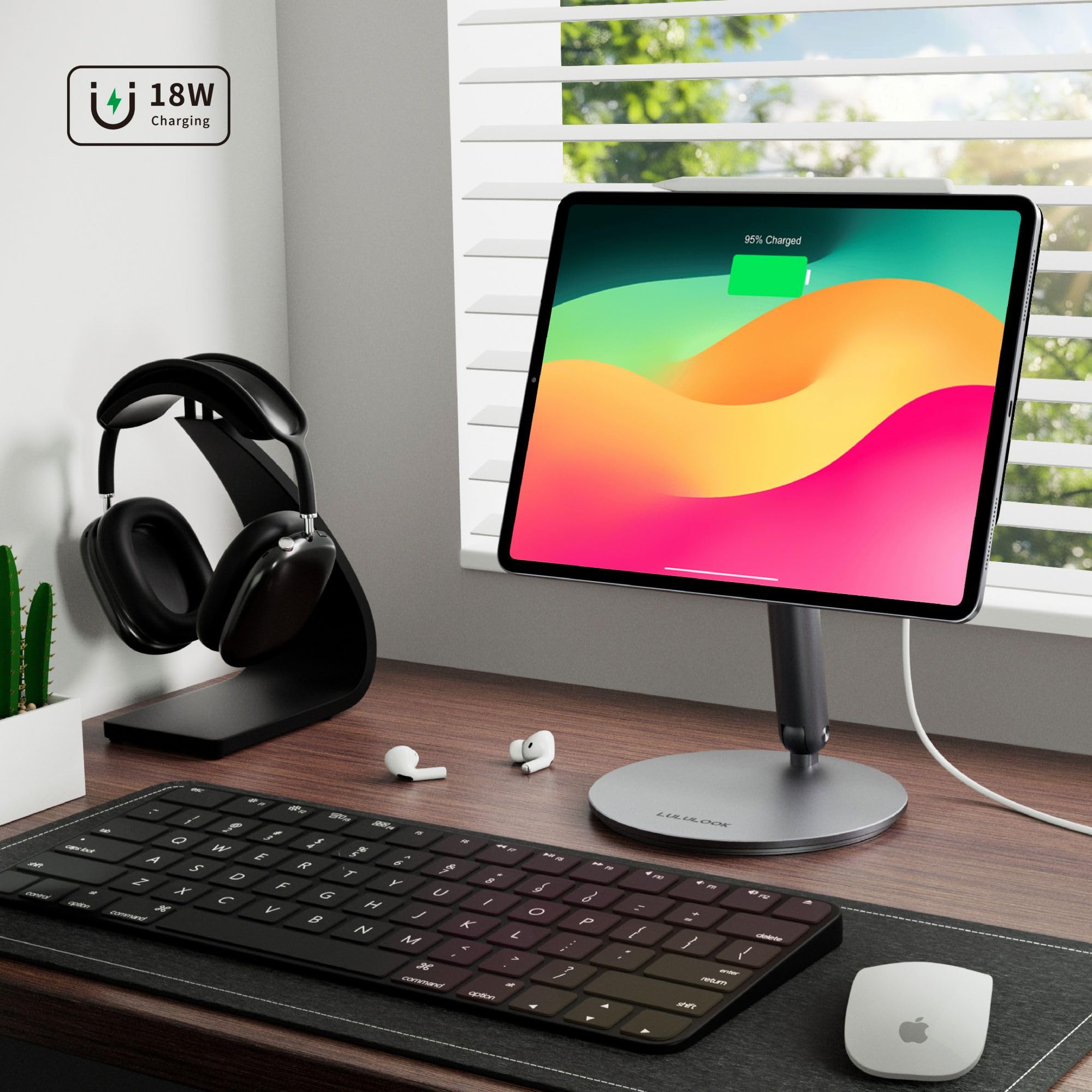 LULULOOK 360° Adjustable Magnetic Wireless Charging Stand for iPad Pro 11 inch M2/Air 10.9 inch - Foldable Aluminum Alloy Tablet Holder for Desk, Compatible with iPad Pro 11