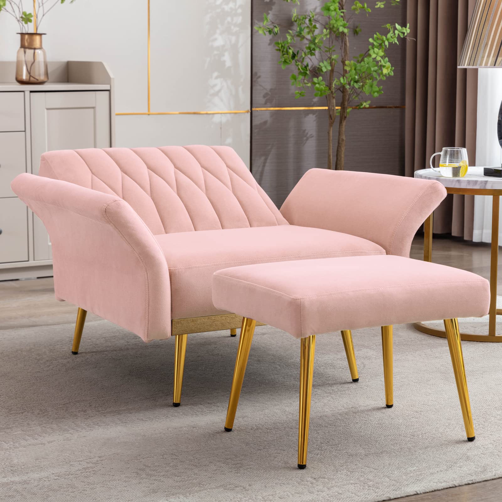 Velvet Tufted Lounge Chair with Ottoman - Adjustable Armrests for Living Room, Bedroom & Office (Pink)
