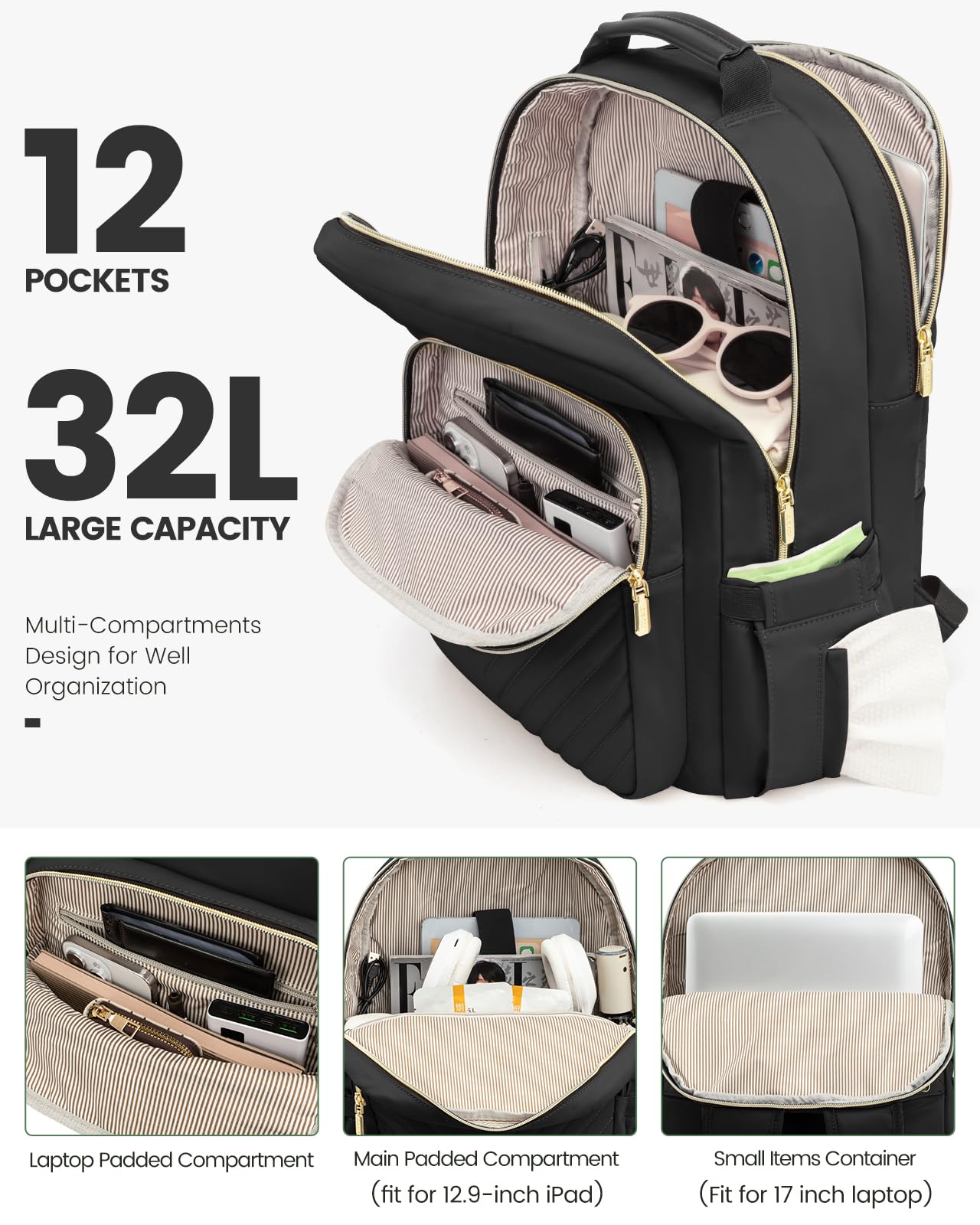 LOVEVOOK Women's 17-inch Laptop Backpack - Stylish Travel Computer Bag for College Students, Teens & Outdoor Hiking, Durable Carry-On Backpack Purse in Black for Work, School & Daily Commute