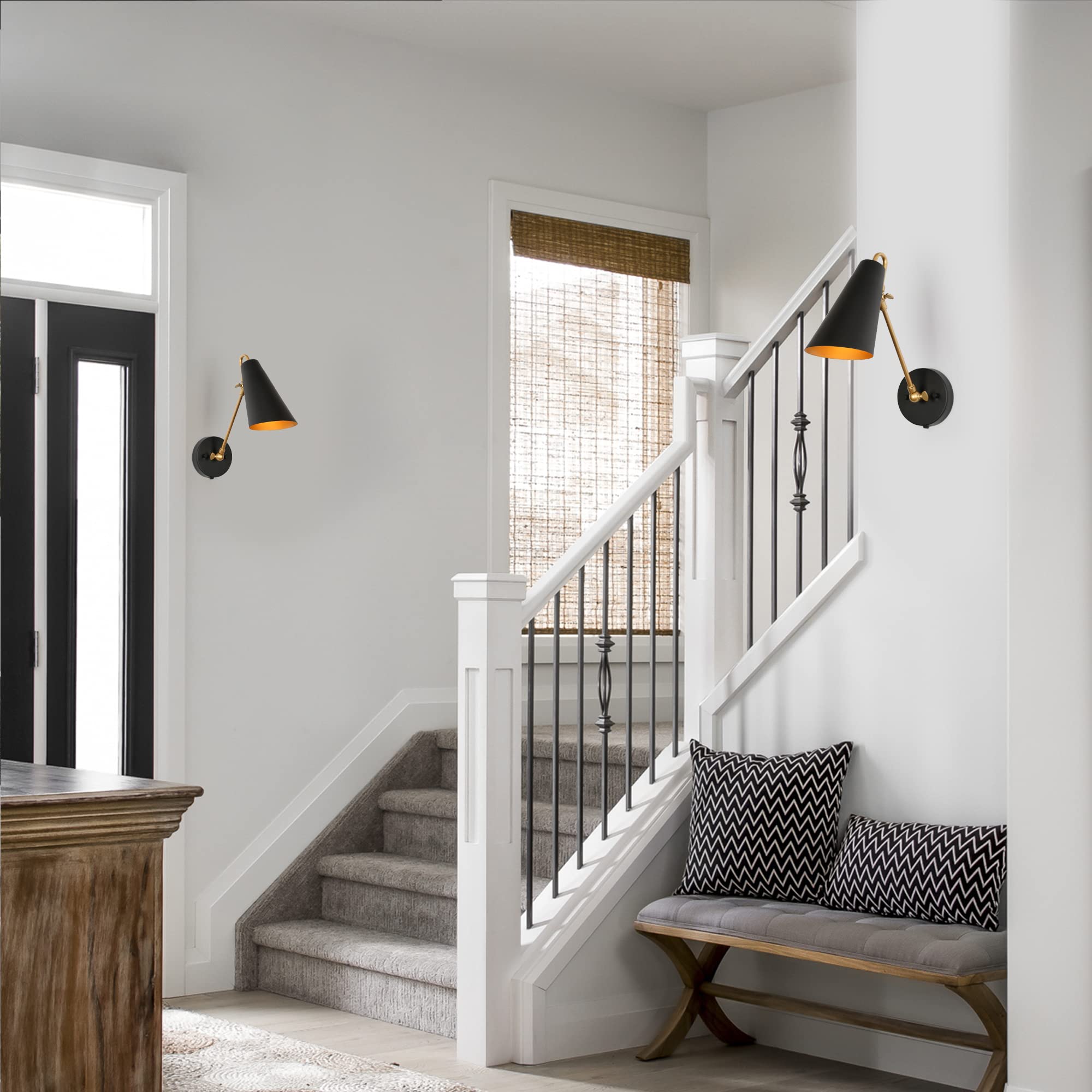 ZEVNI Modern Swing Arm Wall Lamp - Plug-in Wall Sconce with Adjustable Slant-Cut Metal Shade, Black Gold Finish | Perfect for Bedroom, Living Room & Office Lighting