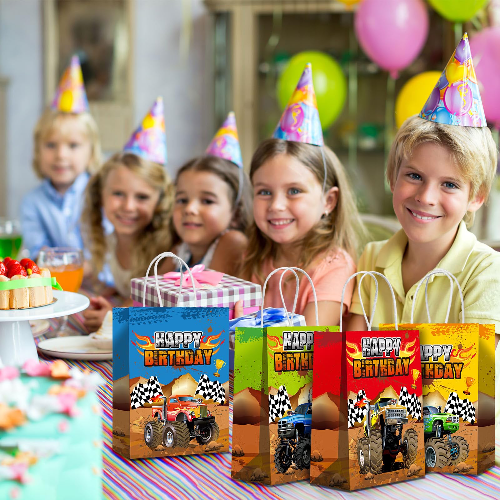 Monster Truck Party Favor Bags - 16 Pcs Racing Truck Themed Paper Gift Bags for Candy & Treats | Perfect for Kids Birthday Parties, Goodie Bags & Themed Events