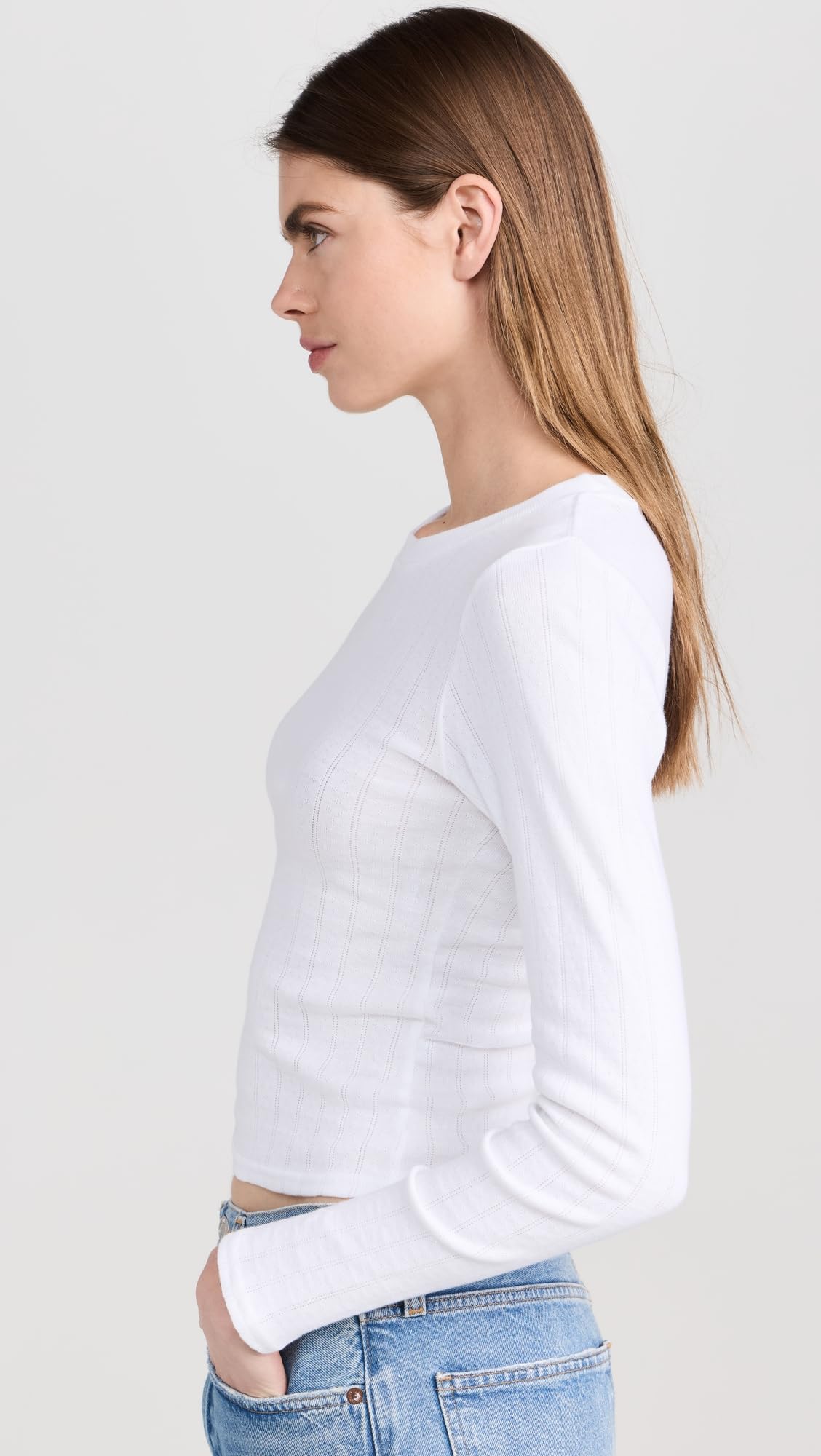 Perfect White Tee Women's Leah Pointelle Long Sleeve Top - Soft & Breathable Knit Shirt for Casual Wear, Office Outfits & Layering