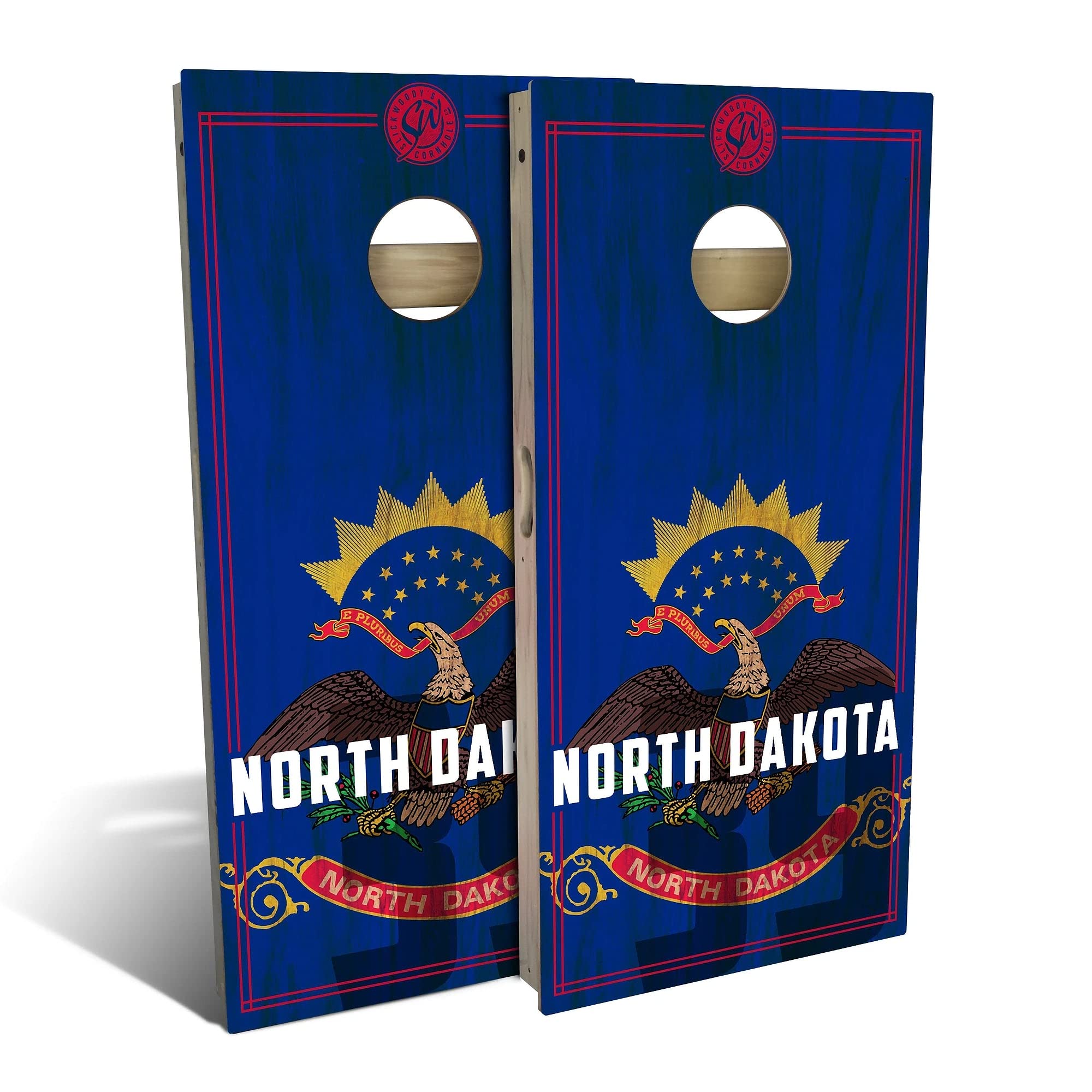 Skip's Garage North Dakota Flag 2.0 Cornhole Board Set - Regulation Size Bean Bag Toss Game with 2 Boards & 8 Bags - Perfect for Tailgating, Backyard Parties and Outdoor Events