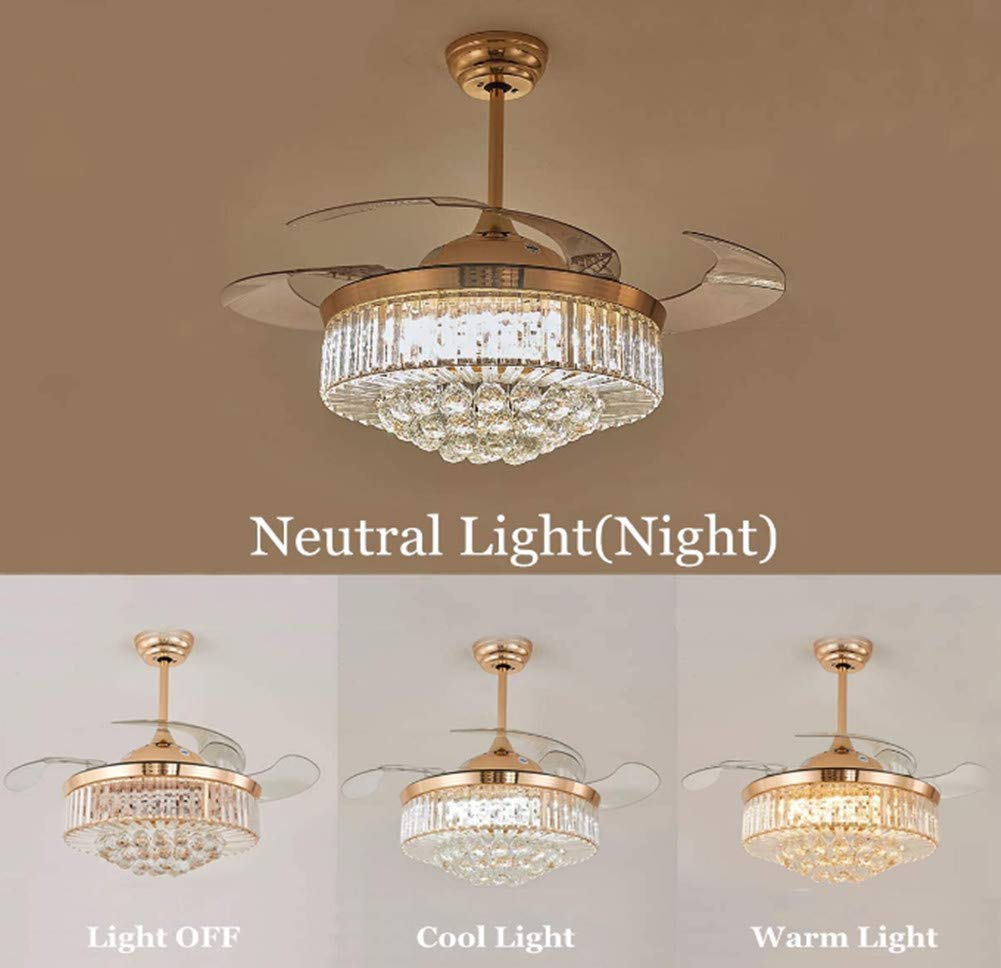 42 Inch Luxury Crystal Retractable Ceiling Fan with Remote Control - LED 3-Color Changing Light, Silent Invisible Fan Chandelier for Bedroom, Living Room (Rose Gold) - Modern Home Cooling & Elegant Lighting Solution