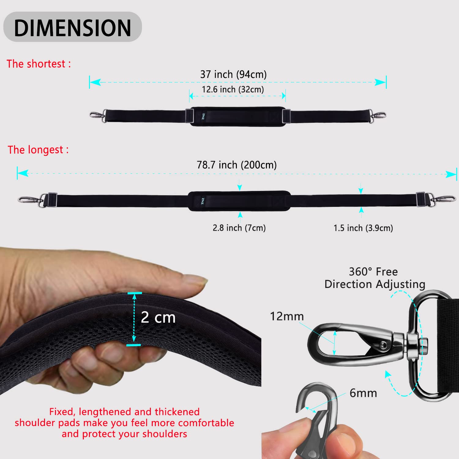 ZINZ 79-inch Universal Replacement Shoulder Strap - Extra Thick Padded Shoulder Cushion with Dual Metal Swivel Hooks & Secure Clasps - Compatible with Laptop Bags, Luggage, Camera Cases & Crossbody Bags (200cm, Black) - Perfect for Travel, Commuting & Everyday Carry