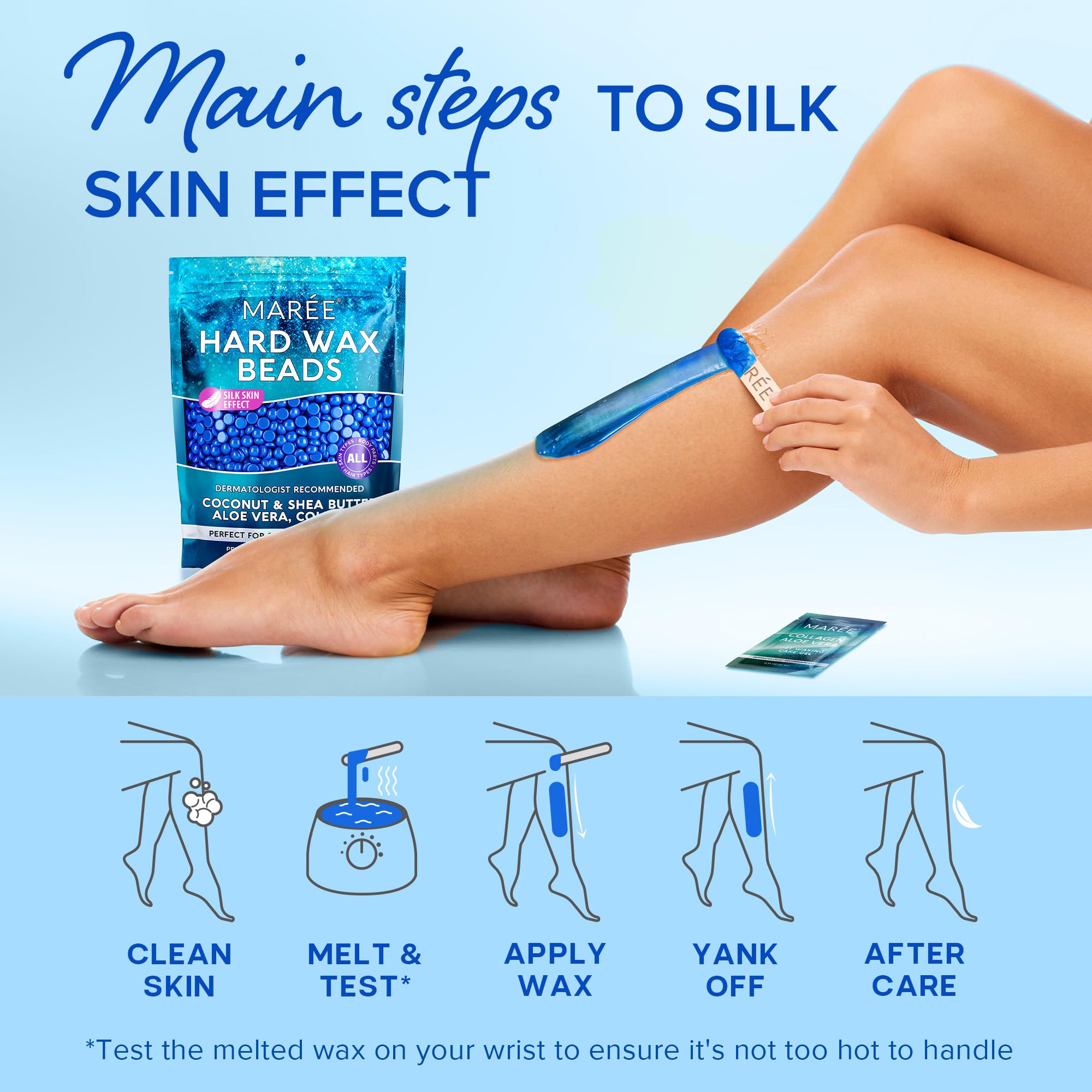 MAREE Hard Wax Beads for Hair Removal - Marine Collagen Shea Butter & Aloe Vera Waxing Kit - 450G for Body, Bikini & Sensitive Skin - At-Home Salon Waxing for Smooth Skin