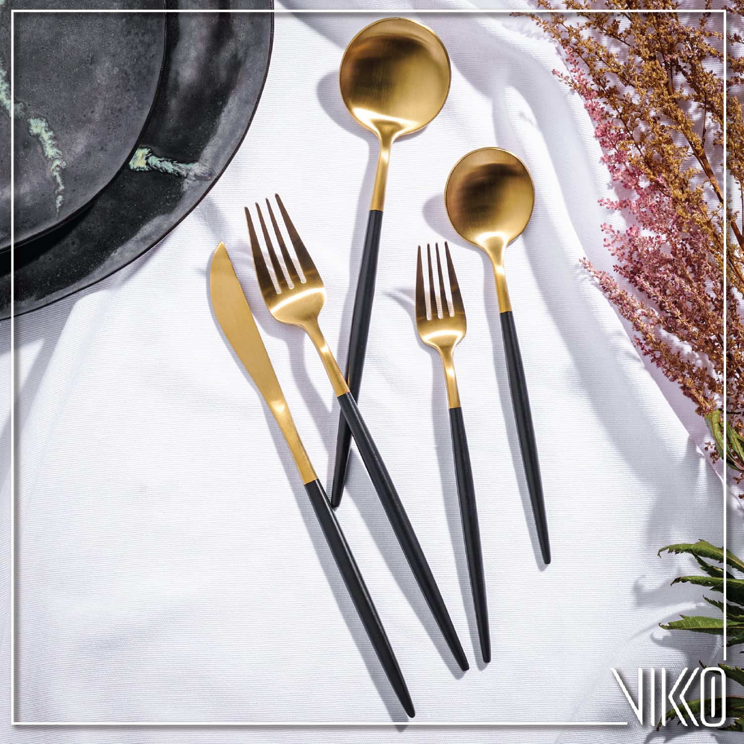 Vikko Decor Modern Silverware Set - Matte Black & Gold 18/10 Stainless Steel Flatware - 20-Piece Cutlery Set for 4 - Elegant Two-Toned Long Handled Dining Utensils - Perfect for Fine Dining, Dinner Parties & Upscale Restaurants