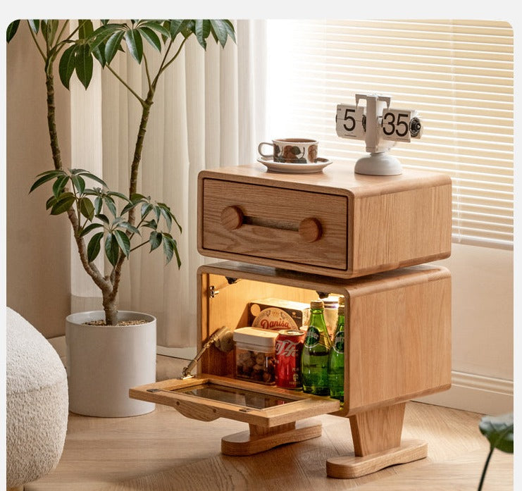 360° Rotating Oak Solid Wood Nightstand - Modern Bedside Table for Bedroom, Living Room & Office