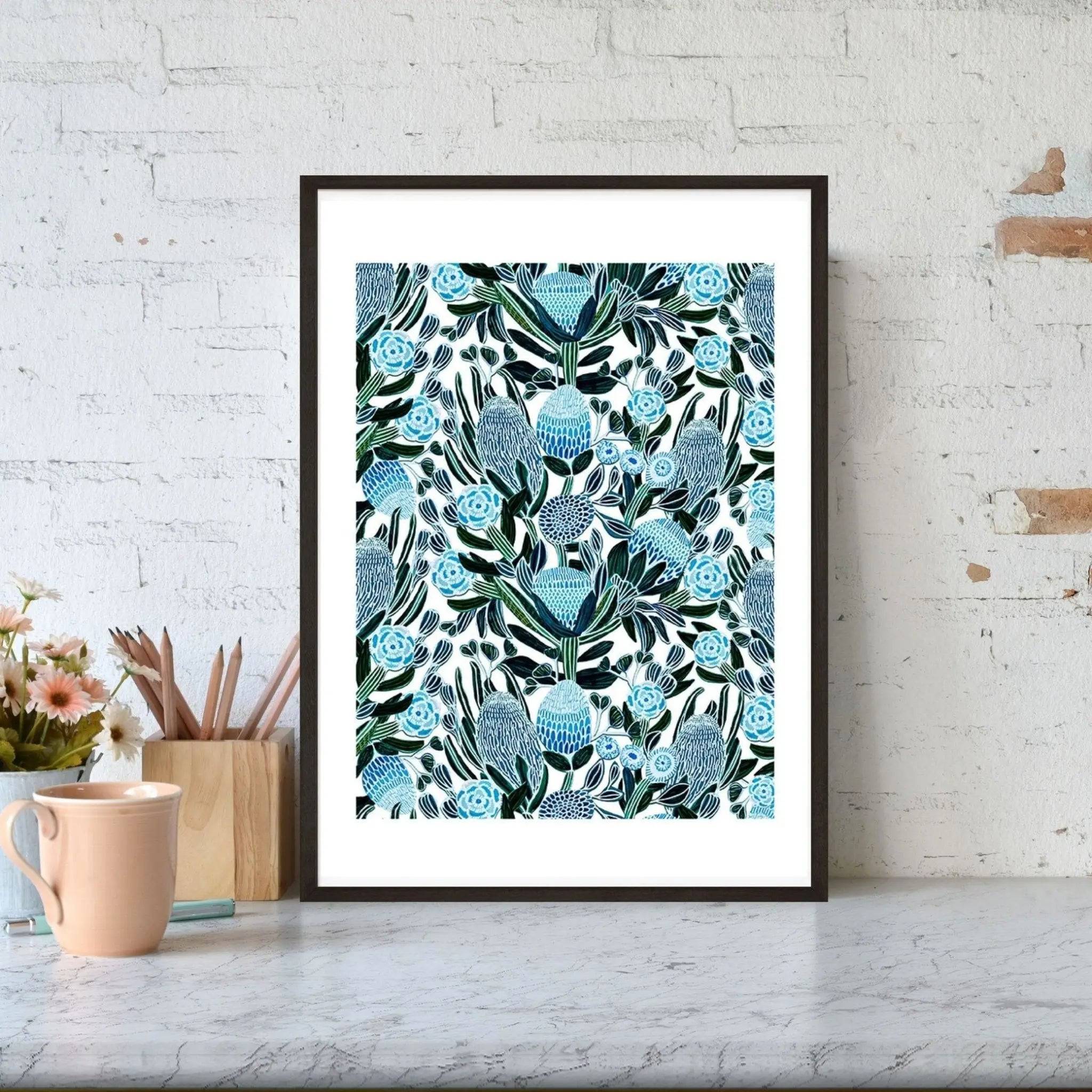 Blue Banksia Botanical Wall Art Print - Australian Floral Decor for Living Room, Bedroom & Office - Perfect for Home & Office Decor