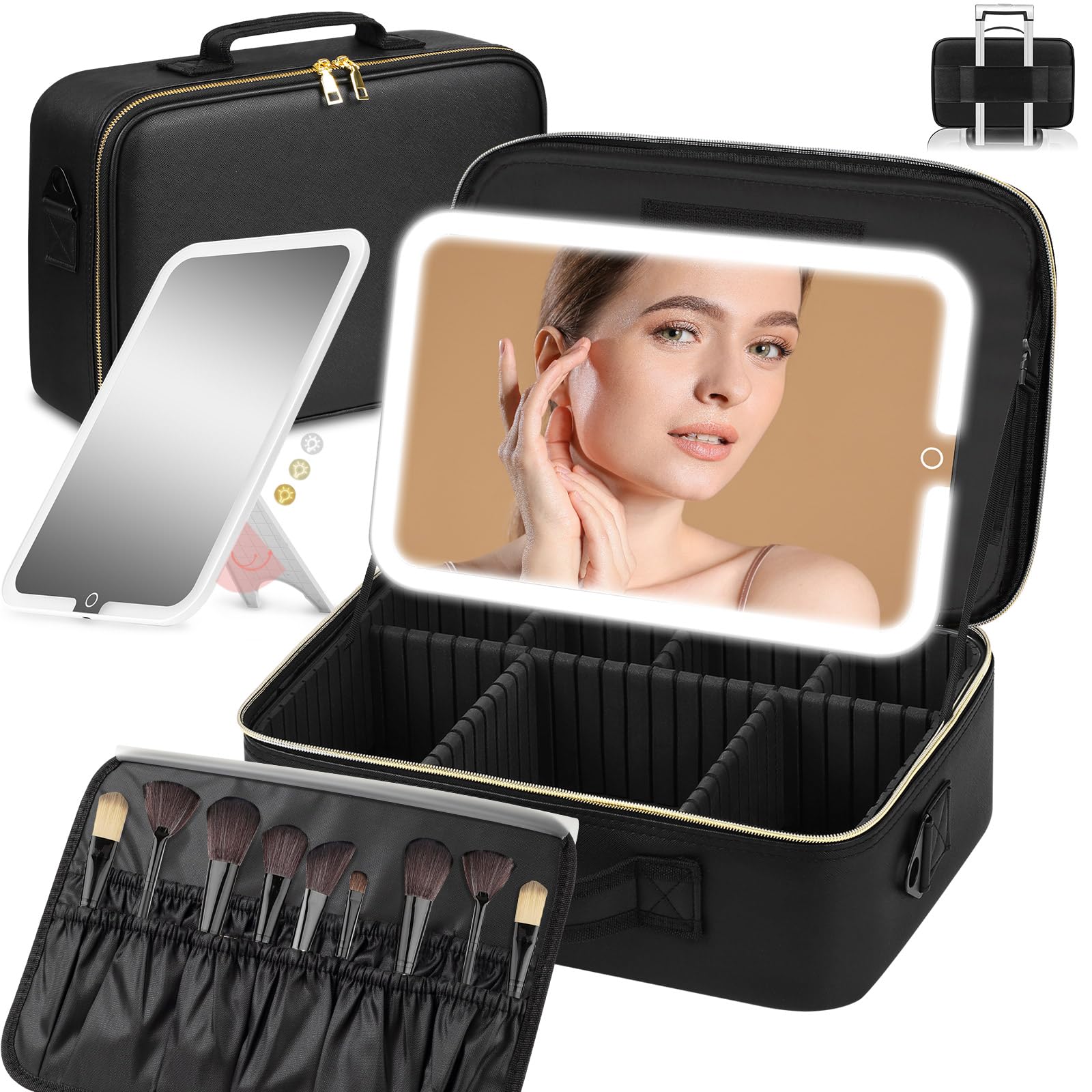 Large Travel Makeup Bag with LED Mirror - 3-Color Adjustable Dimming, Detachable Stand Mirror, Adjustable Dividers & Brush Holder | Perfect for Travel, Home Vanity & Professional Makeup Artists (Black)