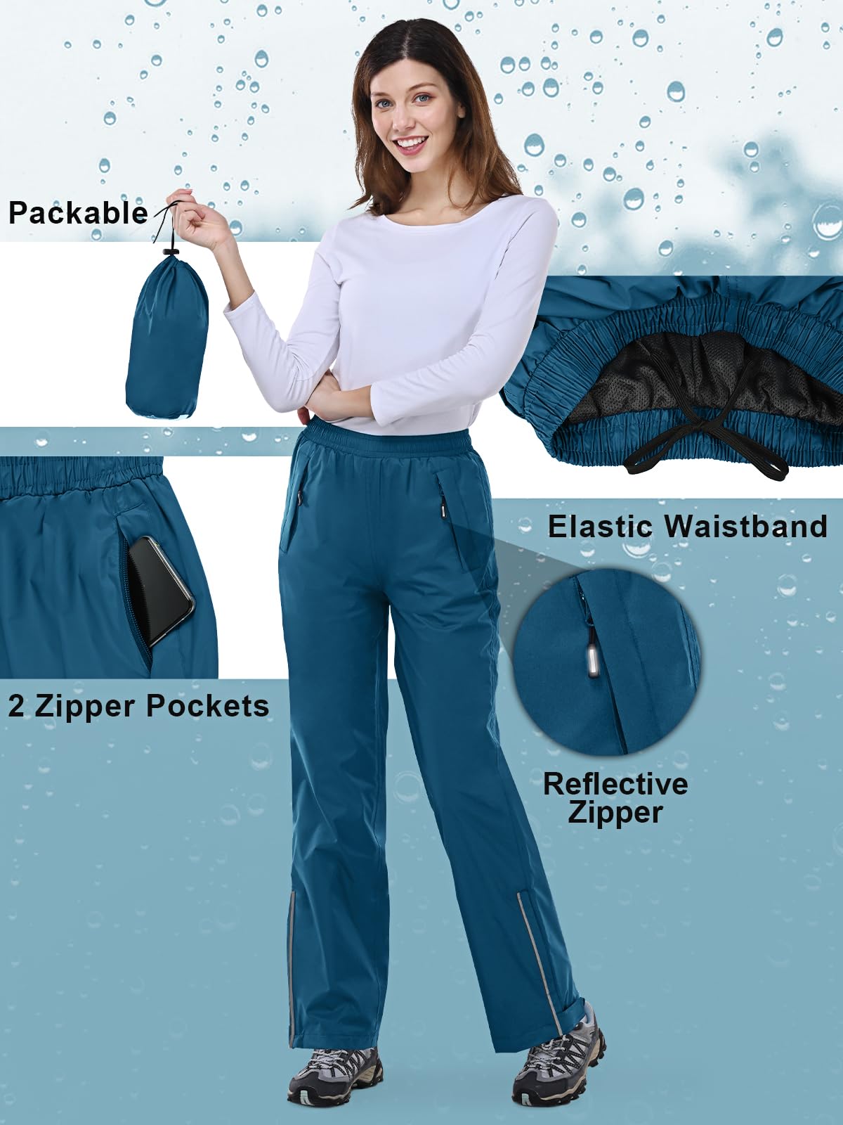 Outdoor Ventures Women's Waterproof Rain Pants - Packable Windproof & Breathable Hiking Pants for Outdoor Adventures - Perfect for Hiking, Camping, and Rainy Day Activities